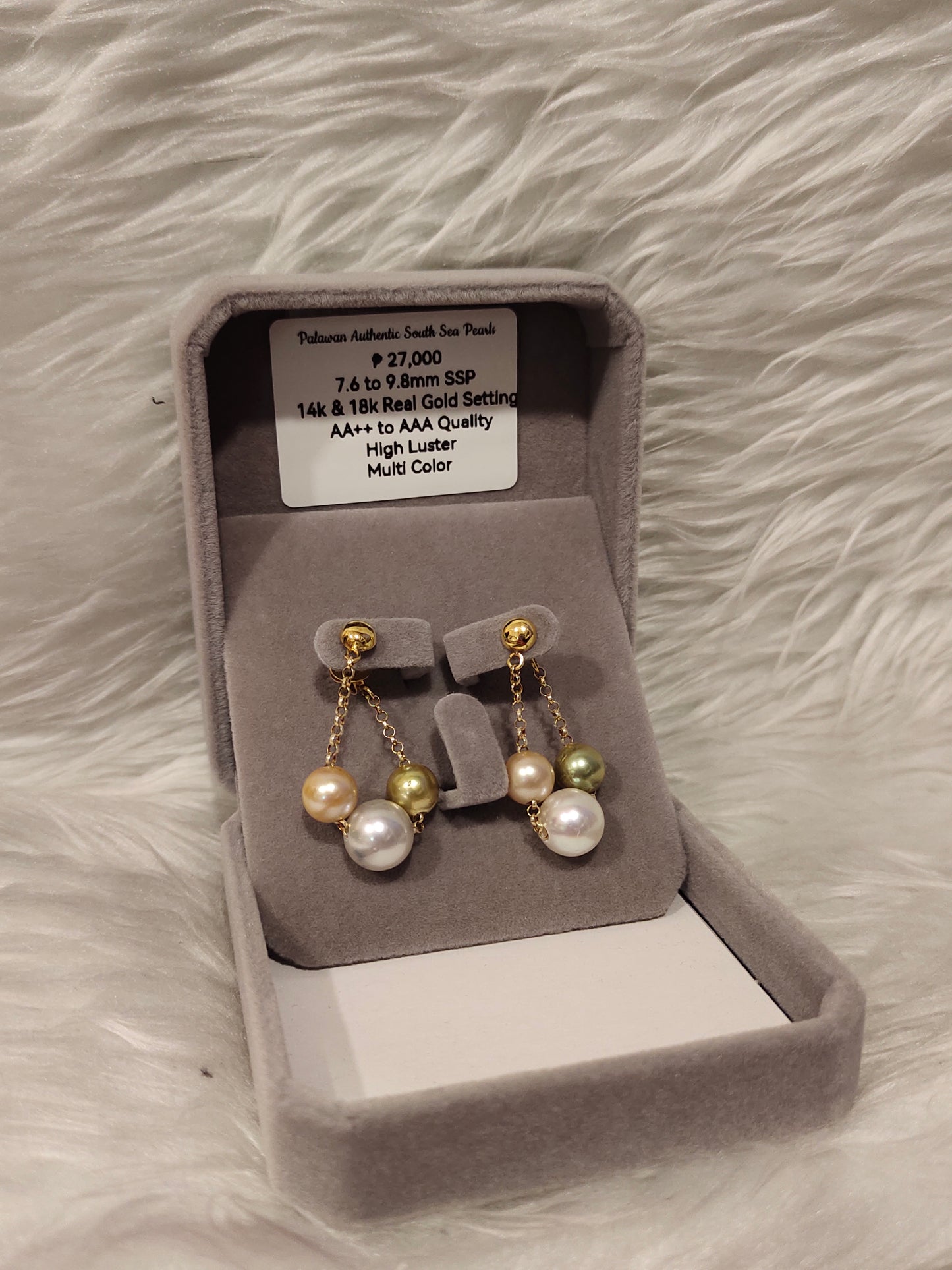 7.6mm to 9.8mm Authentic Multi-color South Sea Pearl Earrings in 14k Real Gold Settings