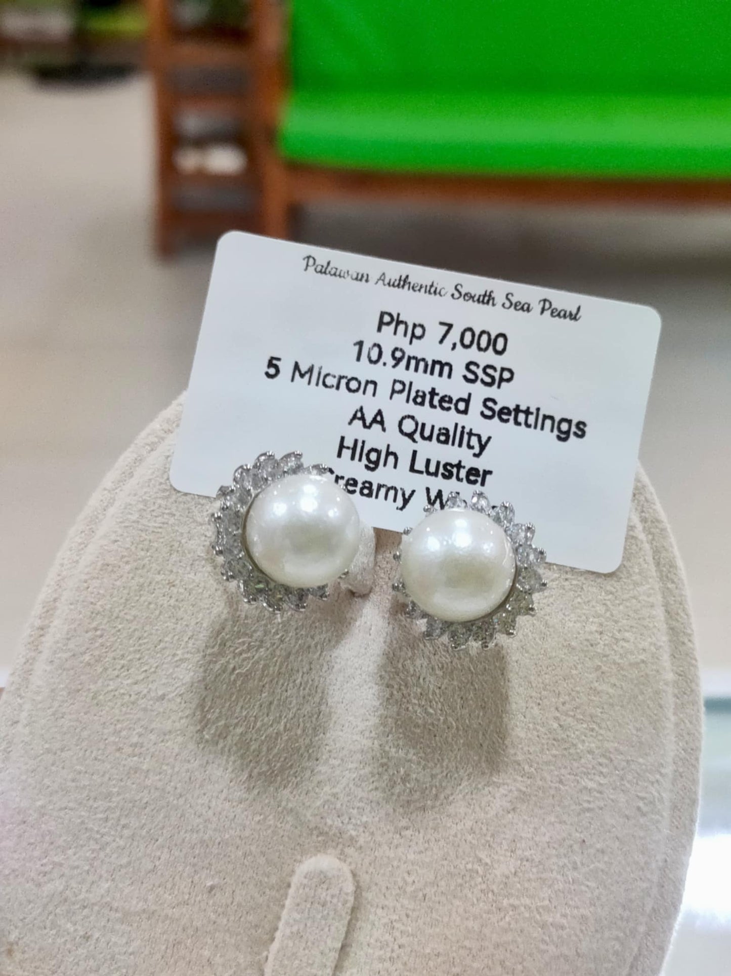 10.9mm Authentic Creamy White Color South Sea Pearls in 5 Micron Plated Settings