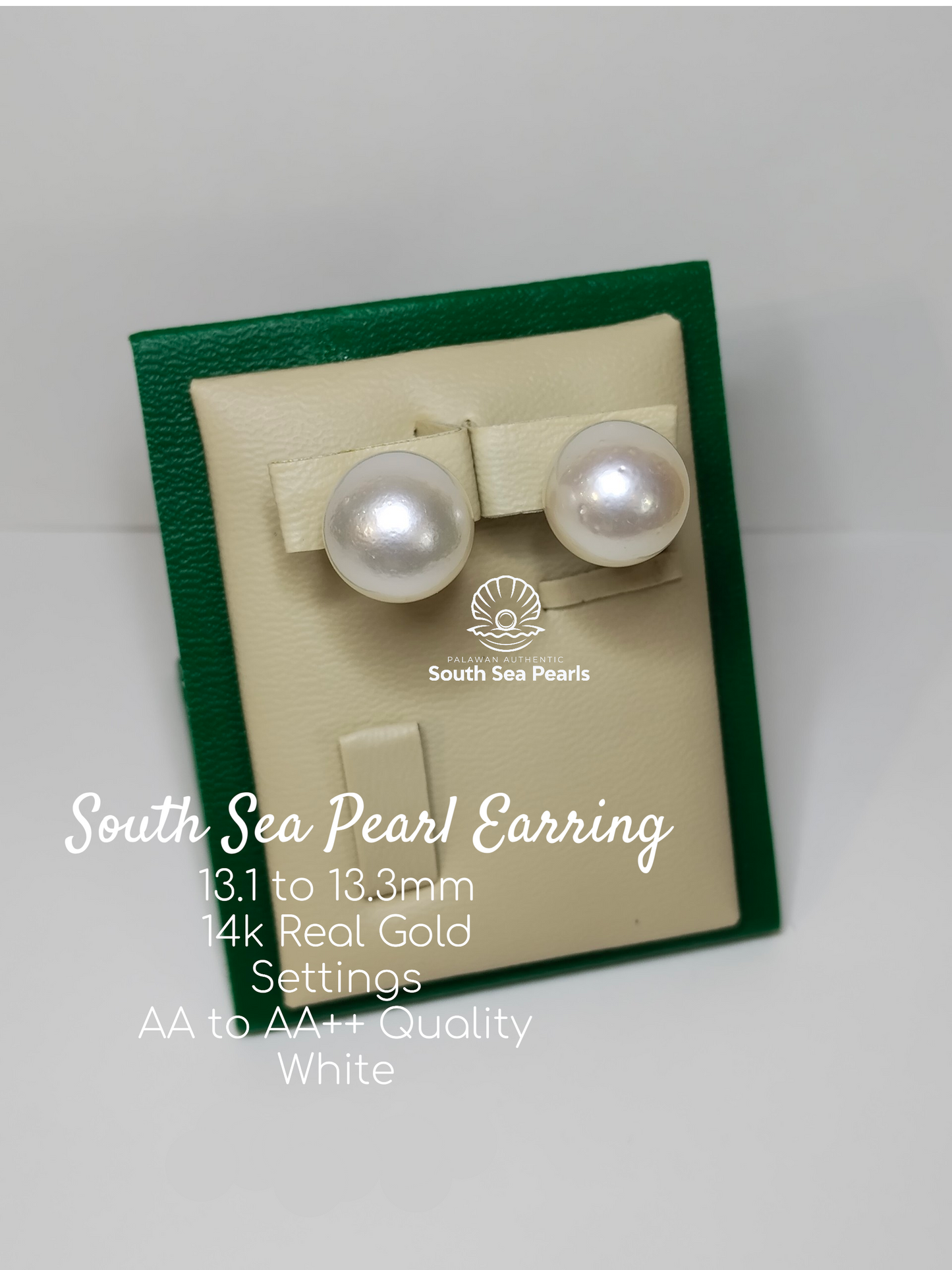 13.1mm to 13.3Palawan Authentic White Color South Sea Pearl Earring in 14k Real Gold Settings