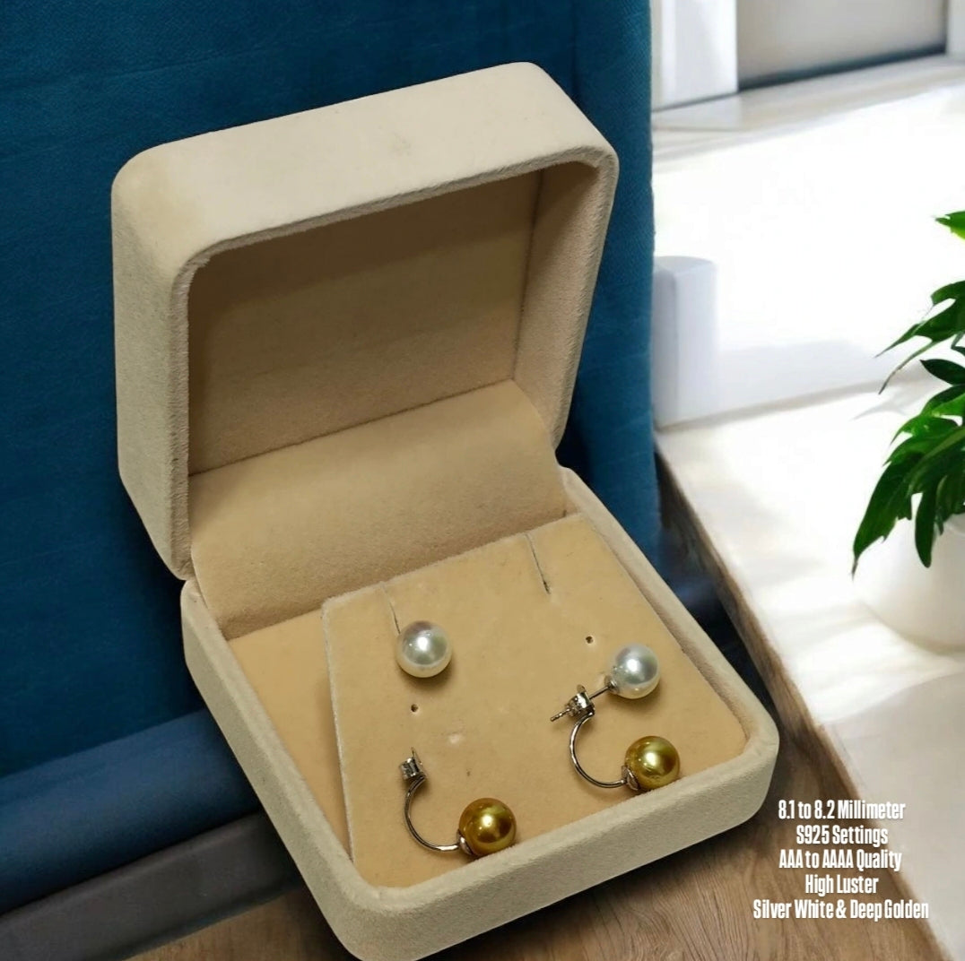 New Arrival! 8.1 to 8.2mm Authentic Silver White & Deep Golden Color South Sea Pearl Earring in S925 Settings