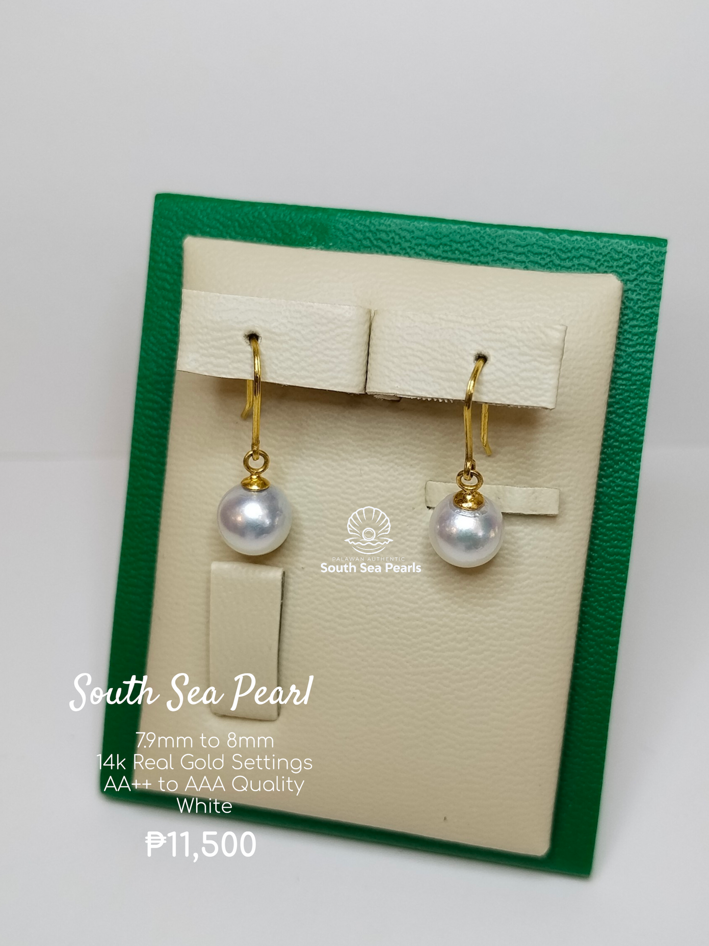 7.9mm to 8mm Palawan Authentic White Color South Sea Pearl Earrings in 14k Real Gold Settings