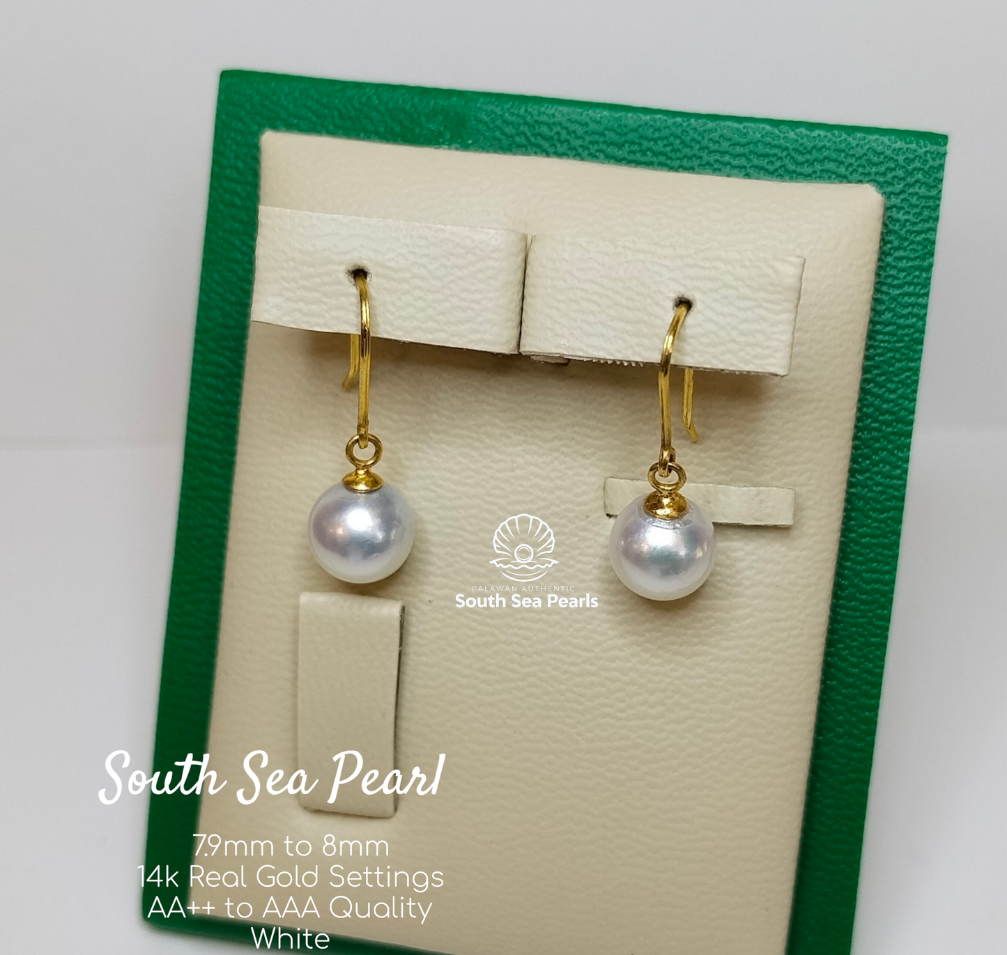7.9mm to 8mm Palawan Authentic White Color South Sea Pearl Earrings in 14k Real Gold Settings