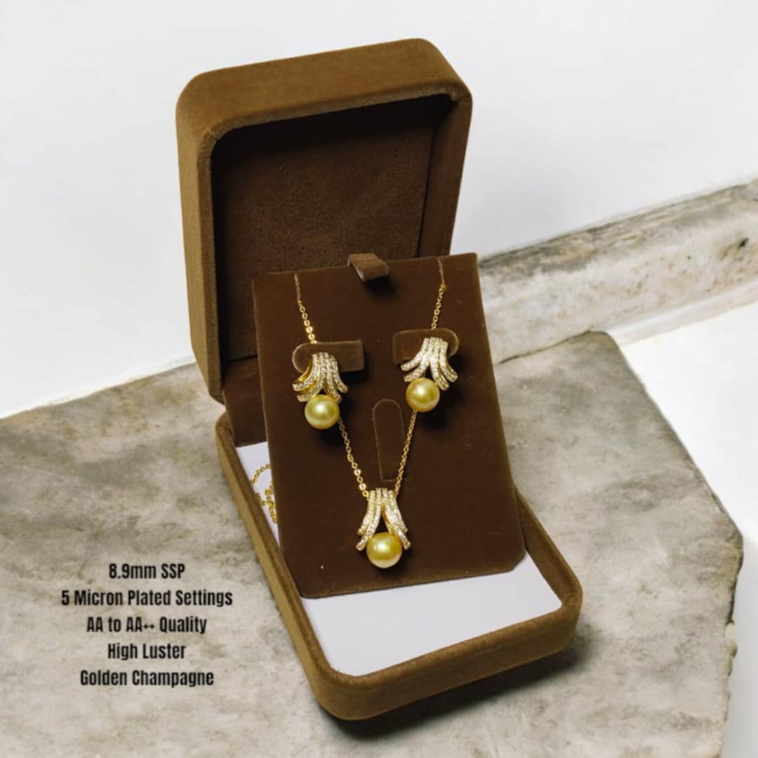 New Arrival! 8.9mm Authentic Golden Champagne Color South Sea Pearl Sets in 5 Micron Plated Settings