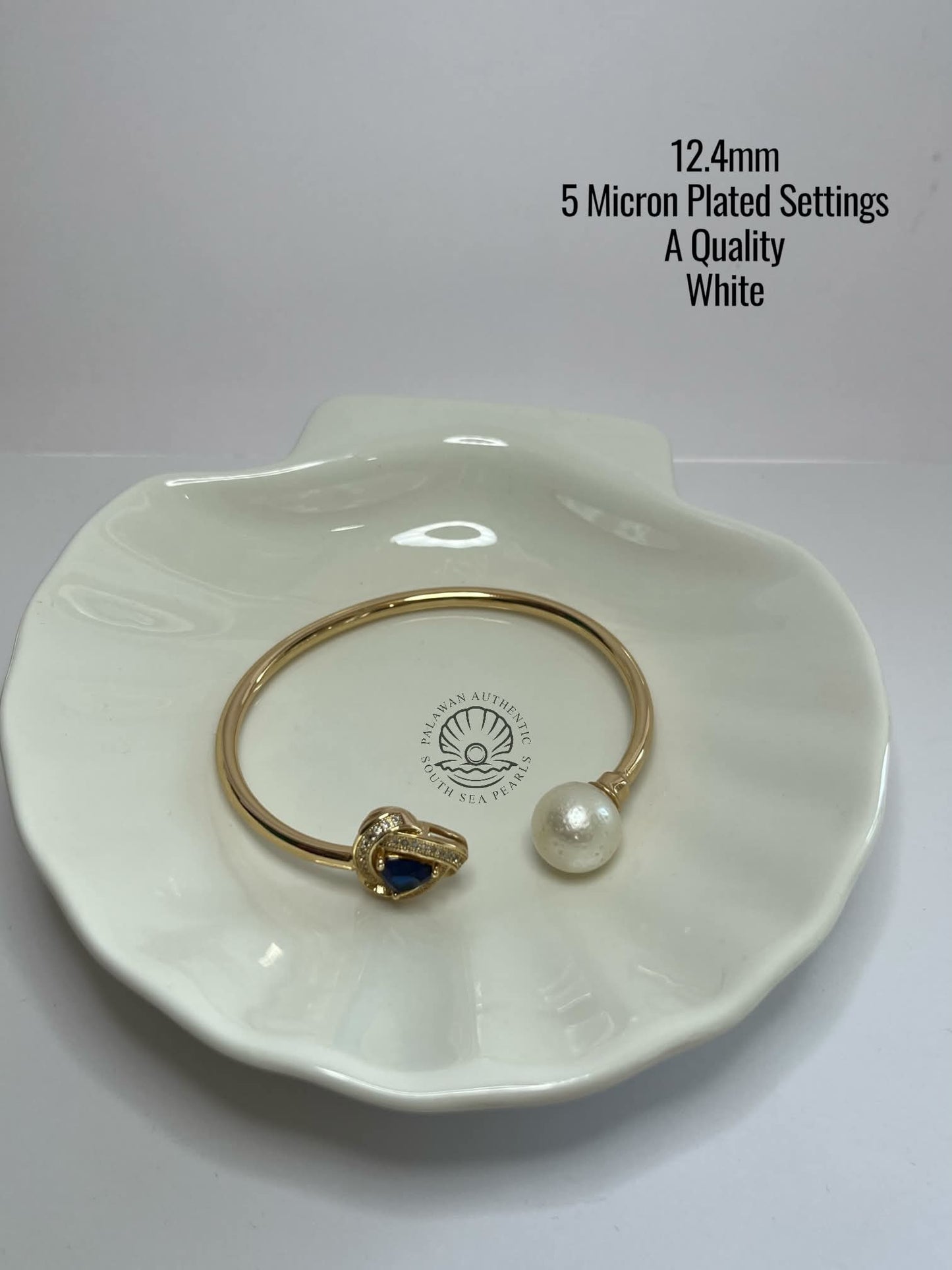 12.4mm Palawan Authentic White Color South Sea Pearl Bangle in 5 Micron Plated Settings