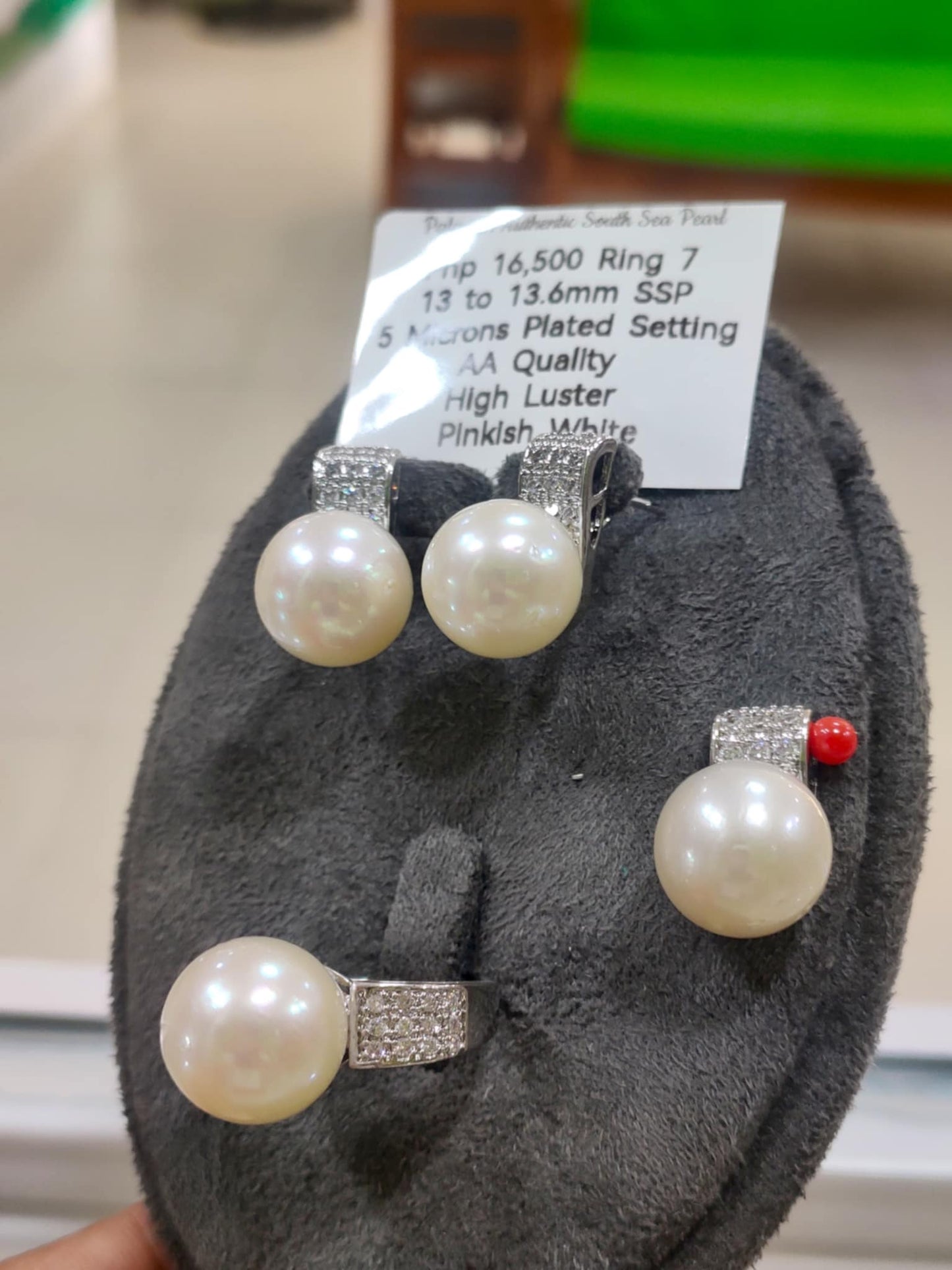 13mm to 13.6mm Authentic Pinkish White Color South Sea Pearls Sets in 5 Micron Plated Settings