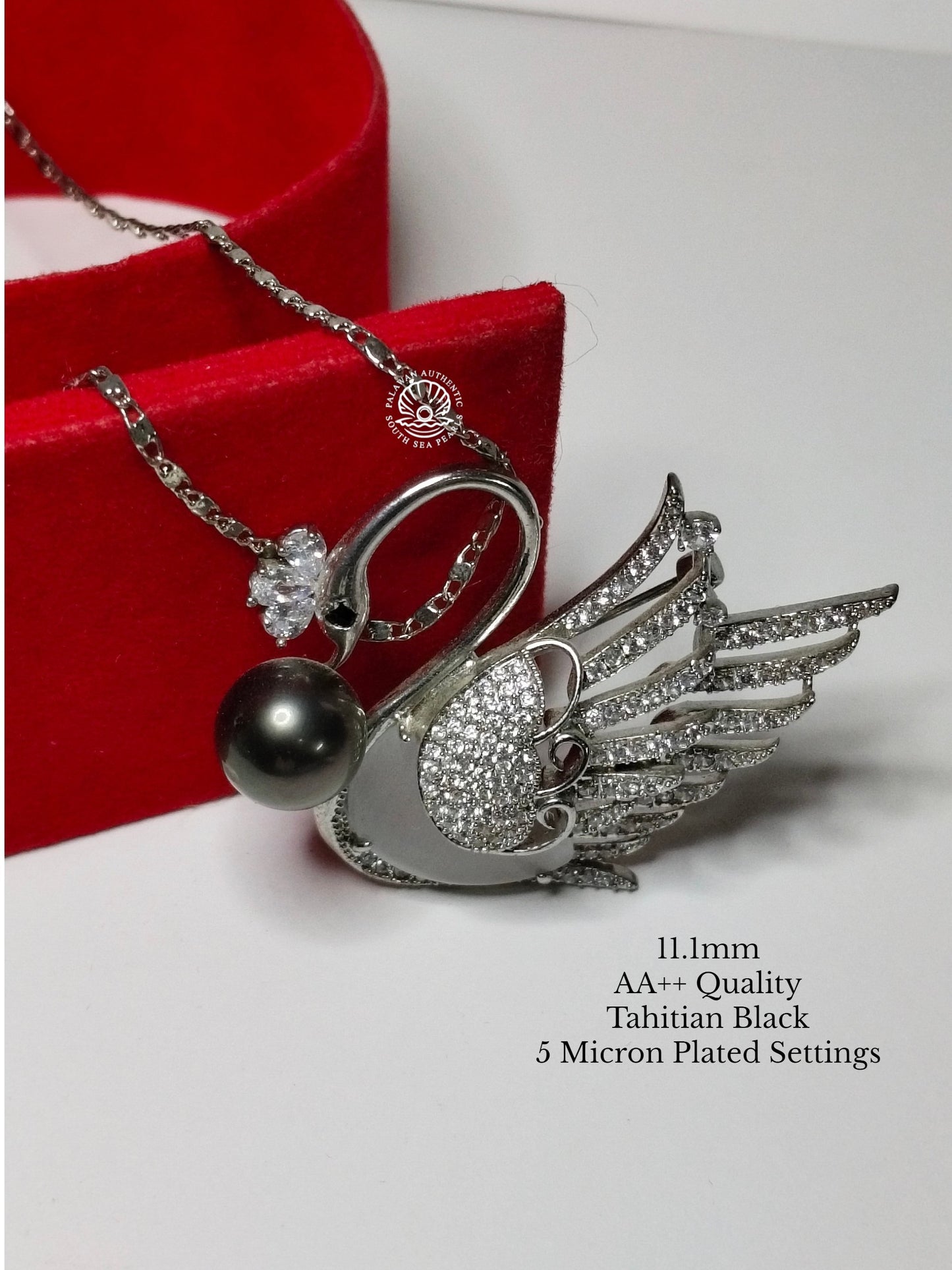 11.1mm Palawan Authentic Tahitian Black Color South Sea Pearl Brooch in 5 Micron Plated Settings