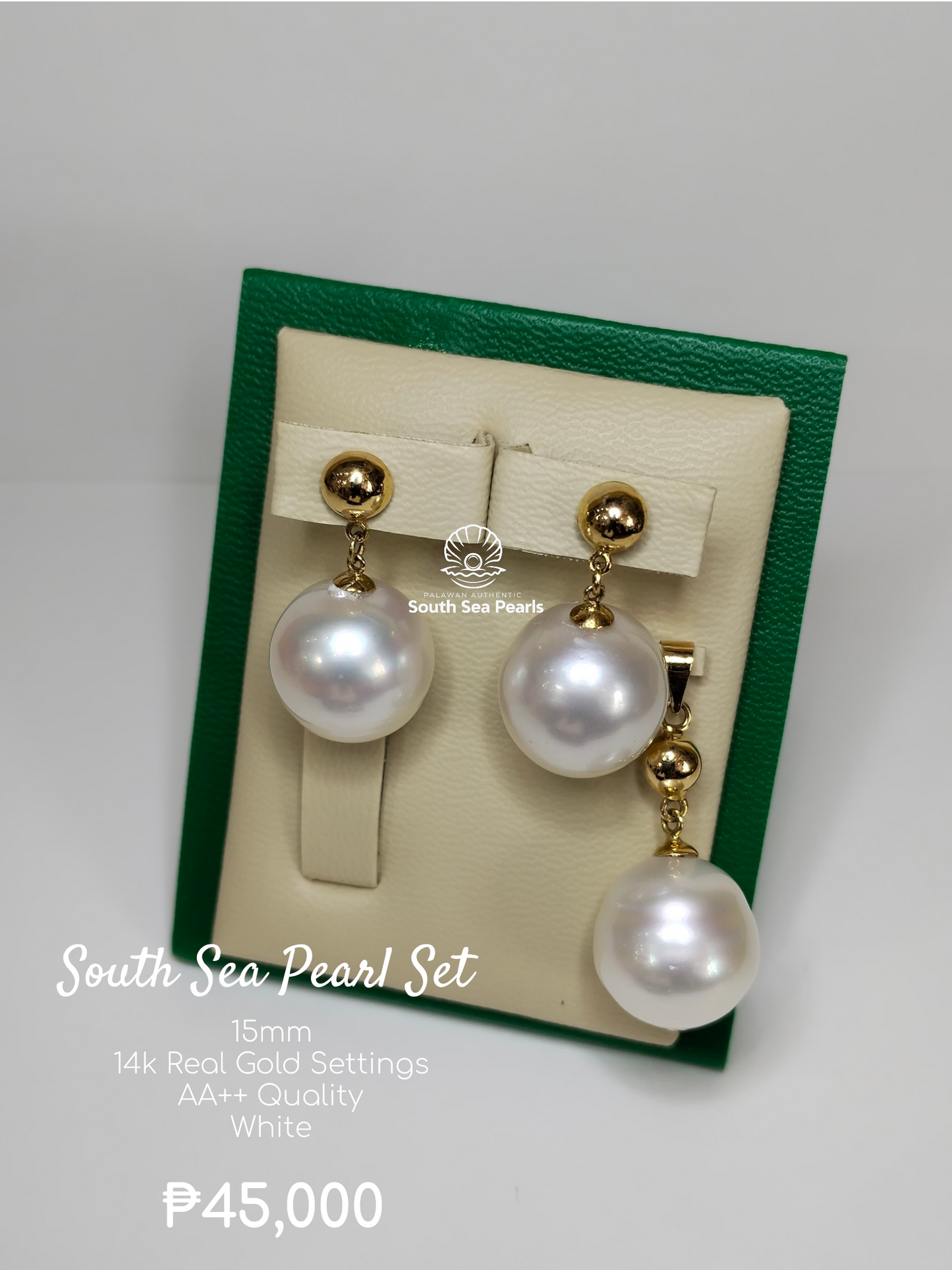 15mm Palawan Authentic White Color South Sea Pearl Sets in 14k Real Gold Settings