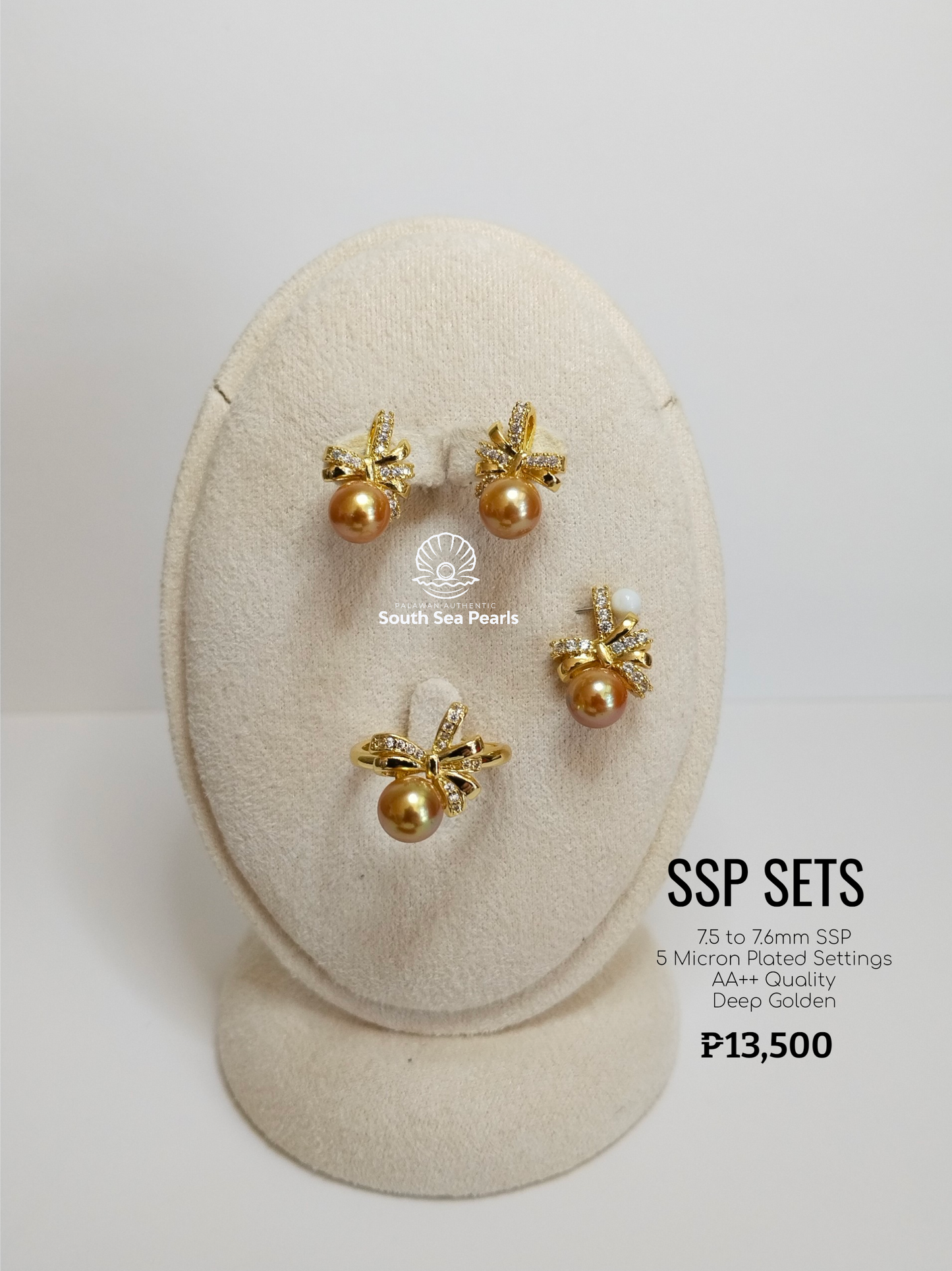 7.5mm to 7.6mm Palawan Authentic Deep Golden Color South Sea Pearl Sets in 5 Micron Plated Settings