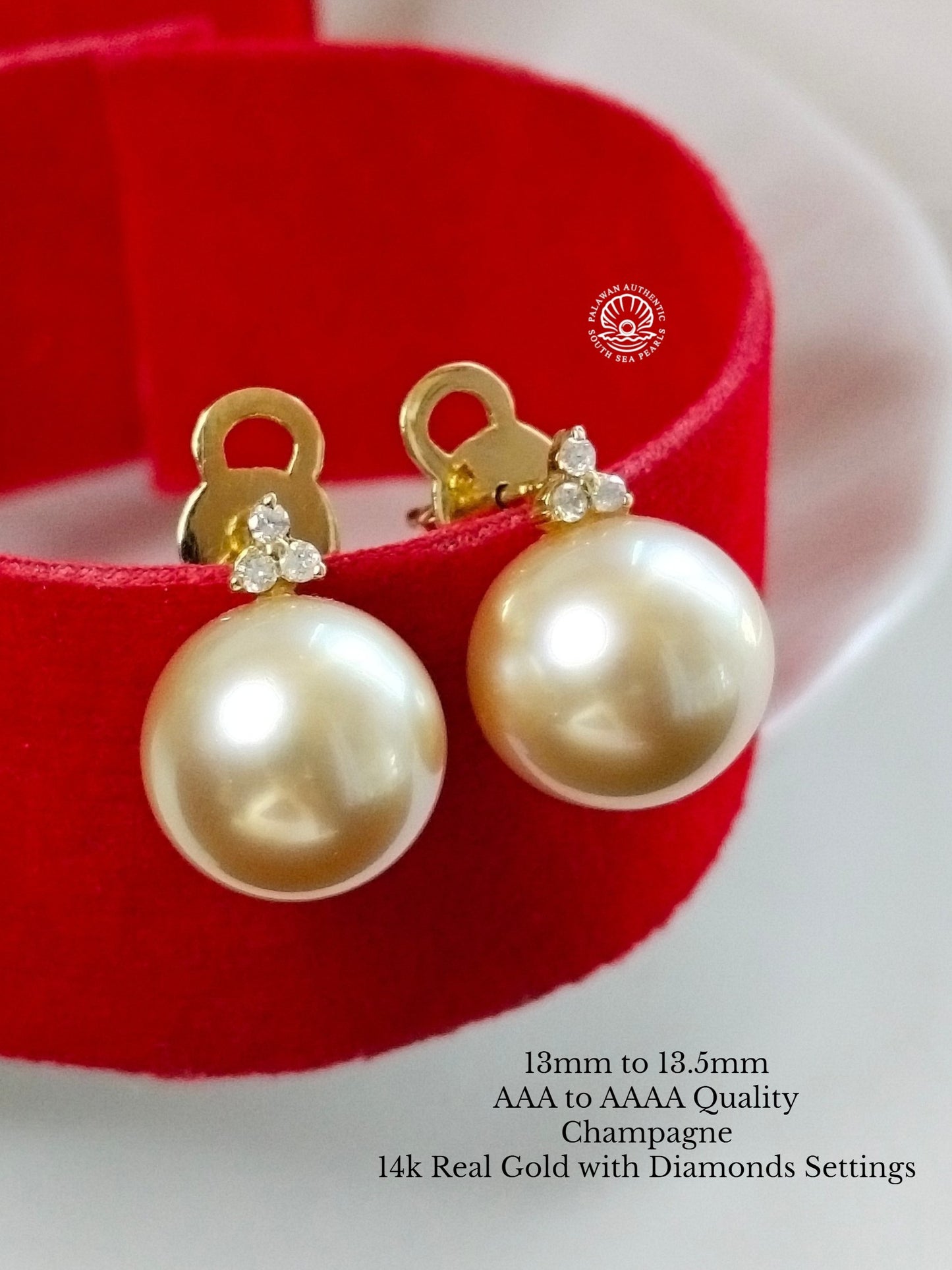 13mm to 13.5mm Palawan Authentic Champagne Color South Sea Pearl in 14k Real Gold and Diamonds