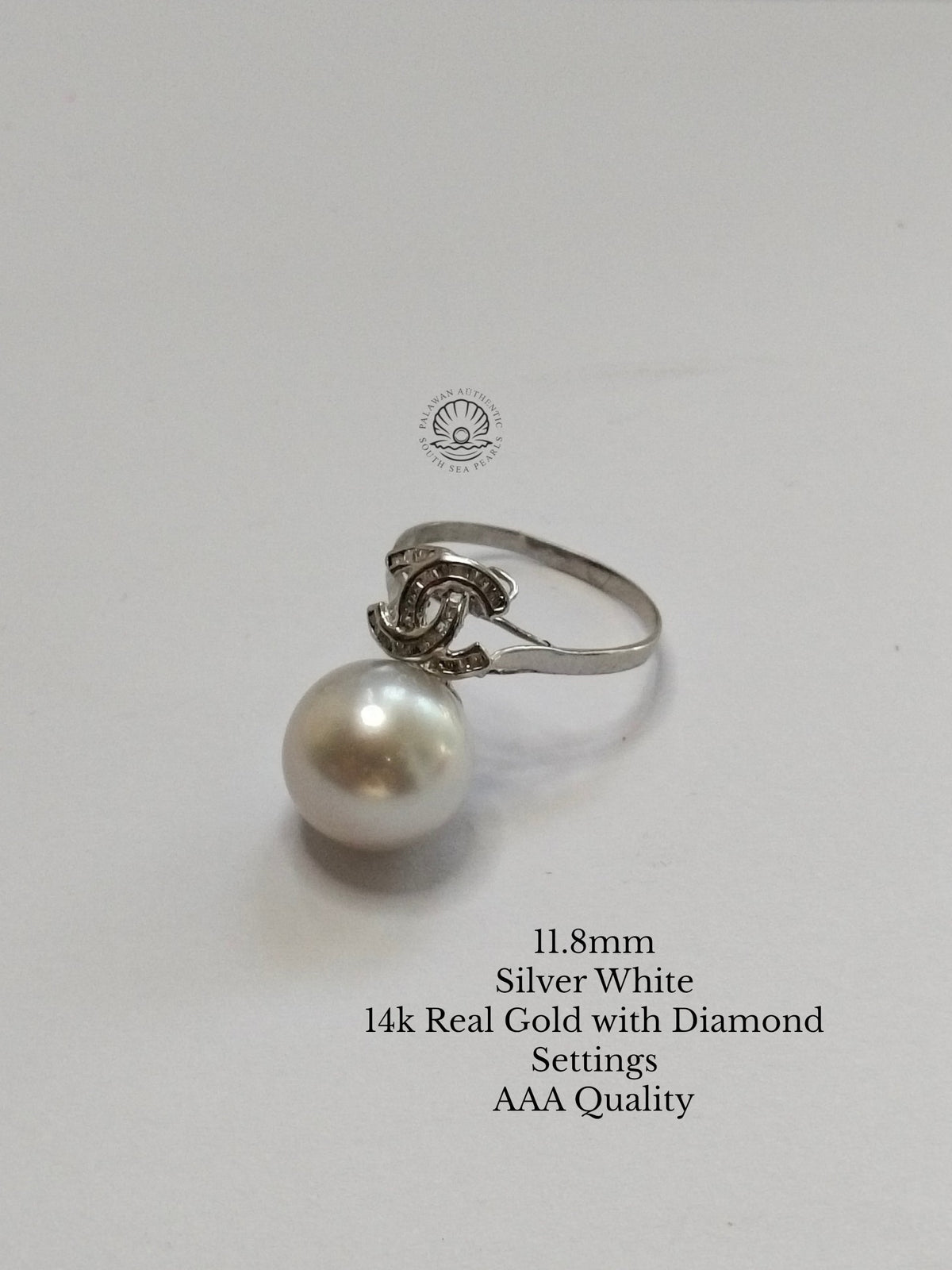 11.8mm Palawan Authentic Silver White Color South Sea Pearl Ring in 14k Real Gold with Diamond Settings