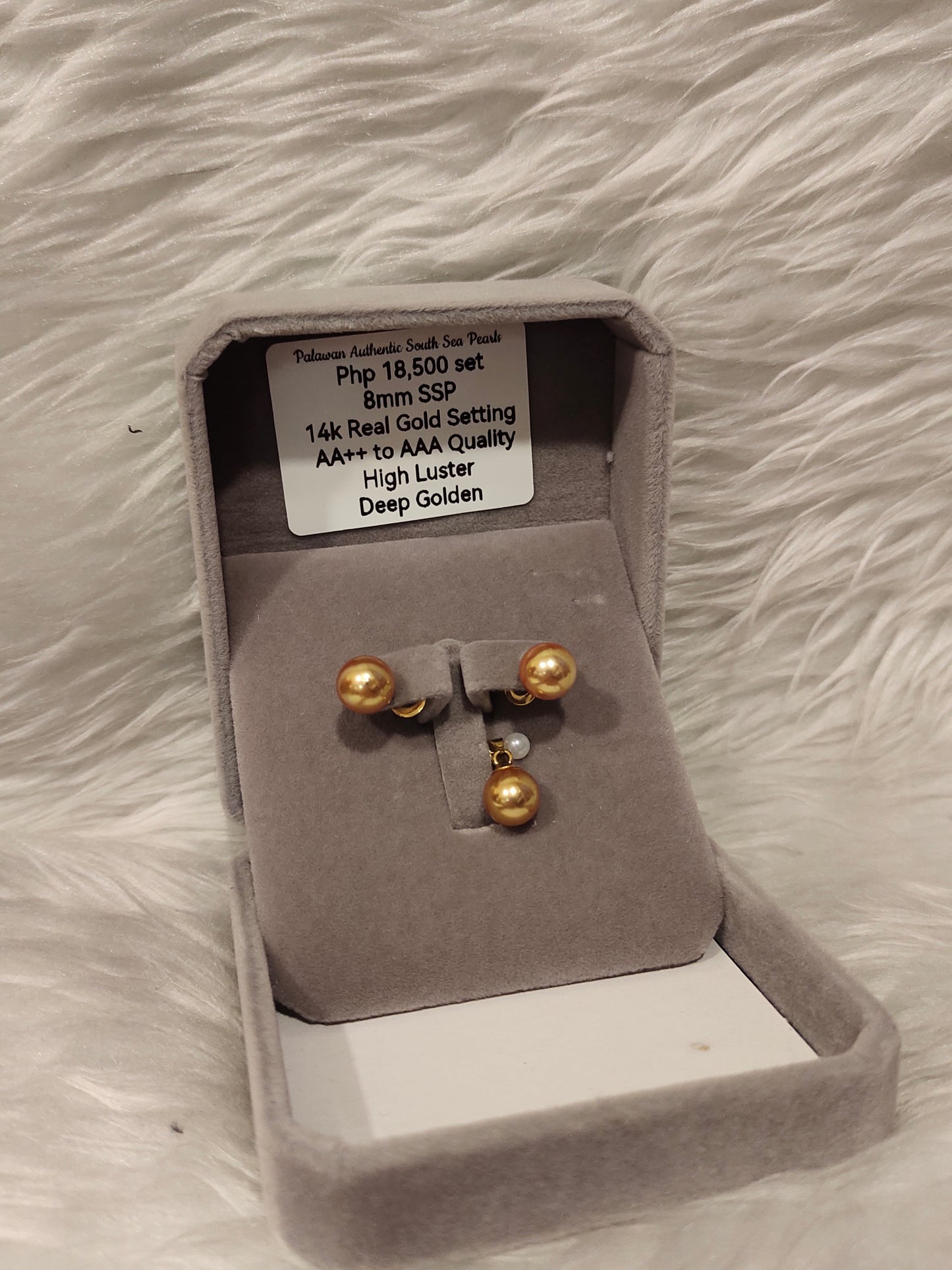 8mm Authentic Deep Golden  Color South Sea Pearl Sets in 14k Real Gold Settings