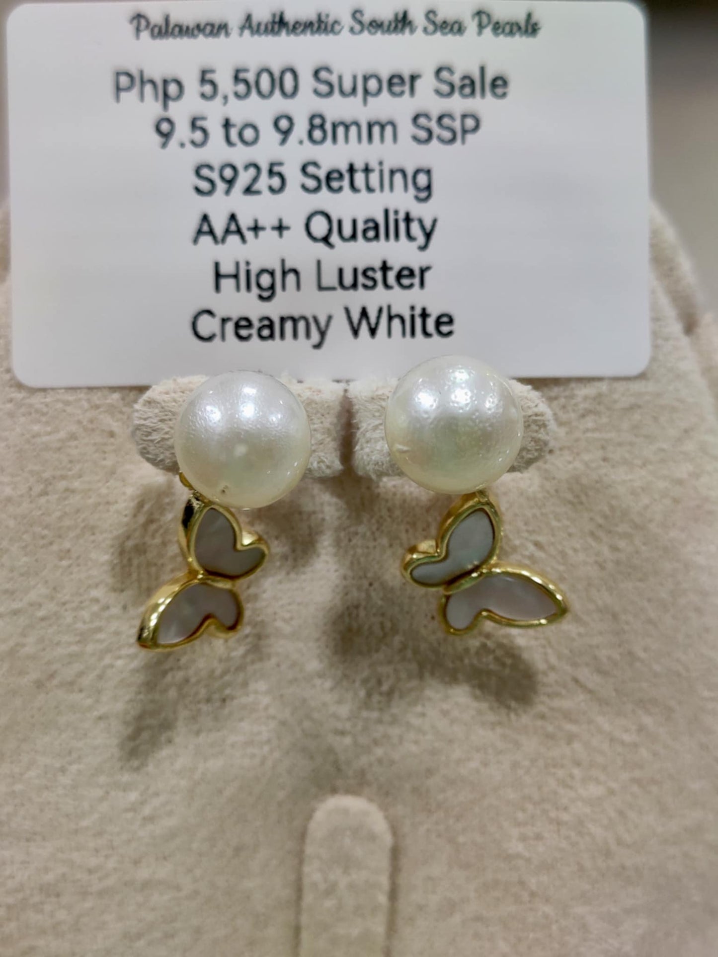 9.5mm to 9.8mm Authentic White Color South Sea Pearls in 5 Micron Plated Settings