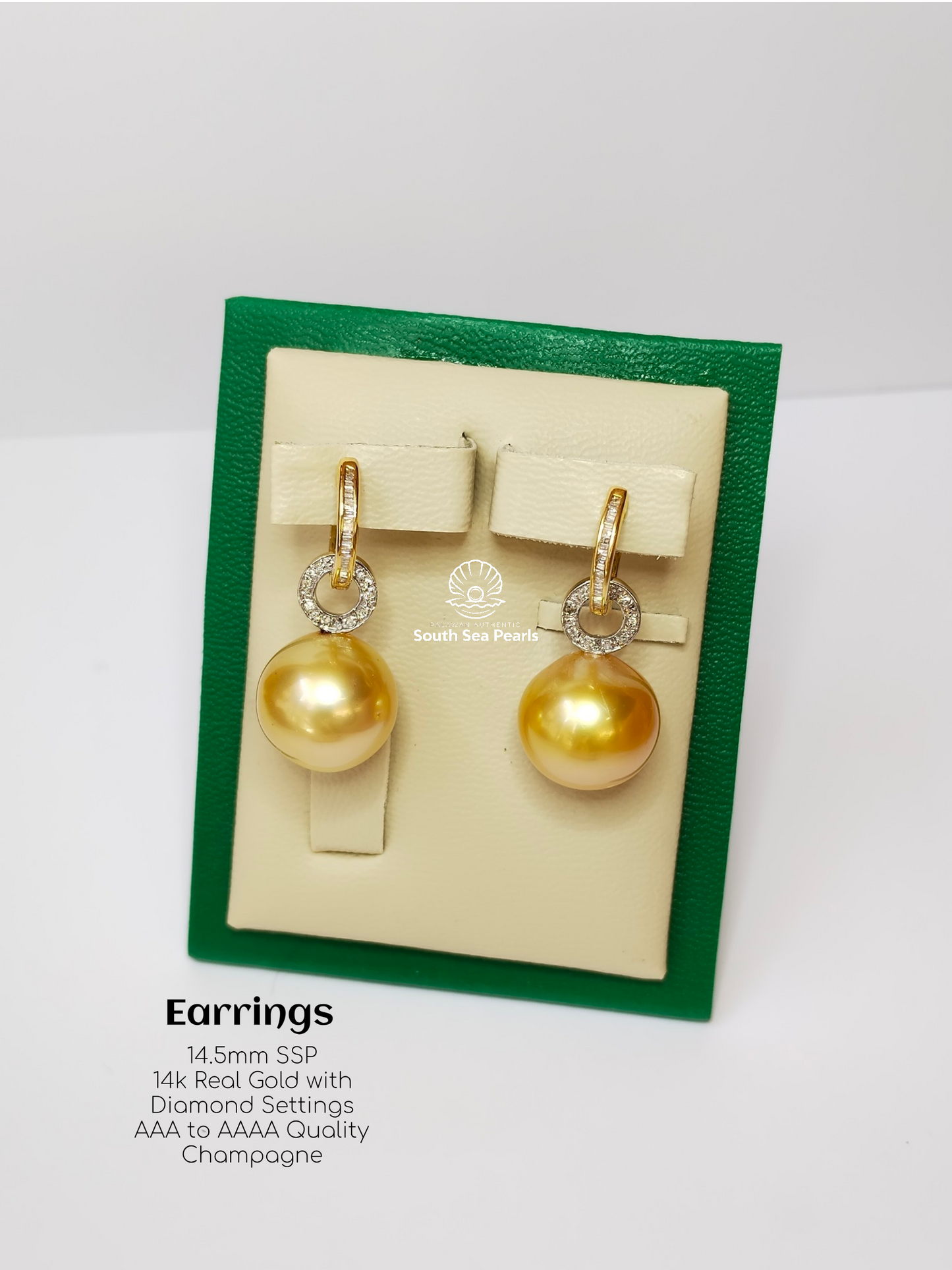 14.5mm Palawan Authentic Champagne Color South Sea Pearl in 14k Real Gold and Diamonds