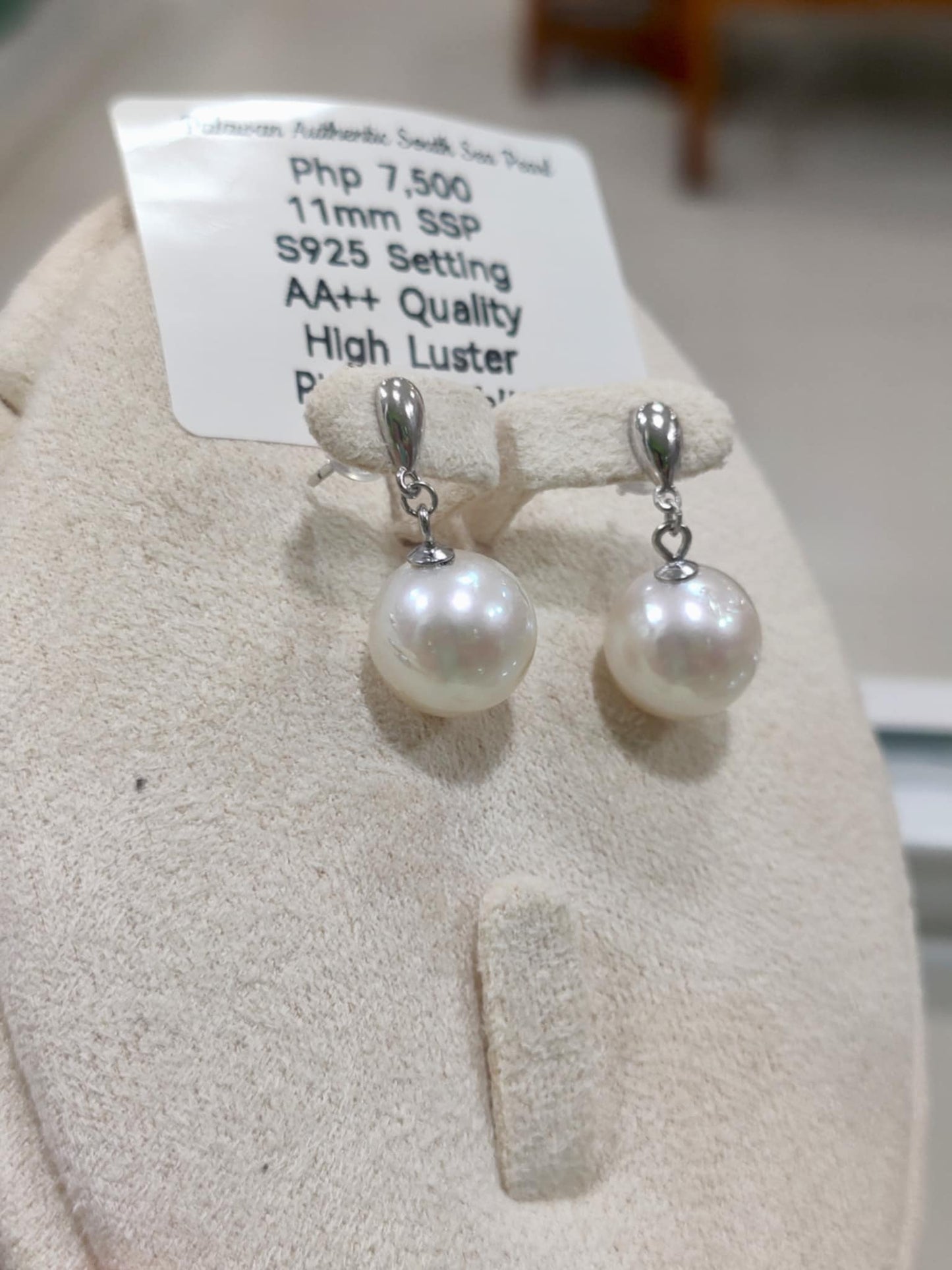 11mm to 12mm Authentic White South Sea Pearls Earrings in 5 Micron Plated Settings