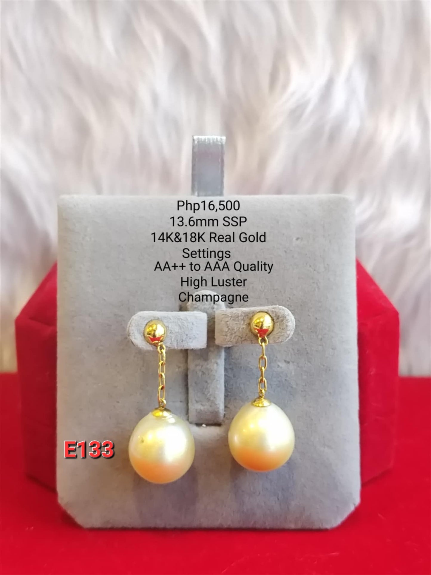 13.6mm Authentic Champagne Color South Sea Pearls Earrings in 14k and 18k Gold Settings