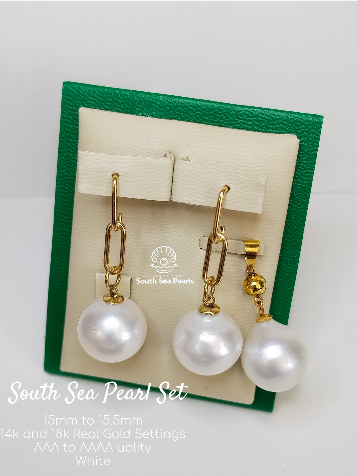 15mm to 15.5mm Palawan Authentic White Color Sets in 14k Real Gold Settings