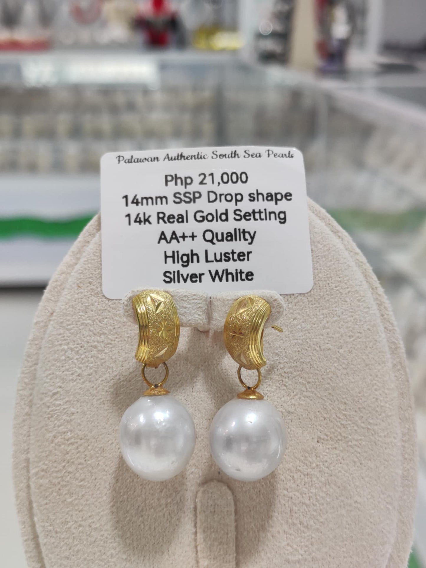 14mm Authentic Silver White South Sea Pearls in 14k Real Gold Settings