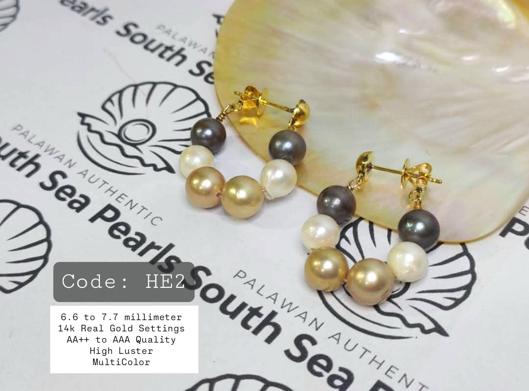 New Arrival! 6.6mm to 7.7mm Authentic Multi Color South Sea Pearls Earrings in 14k Gold Settings