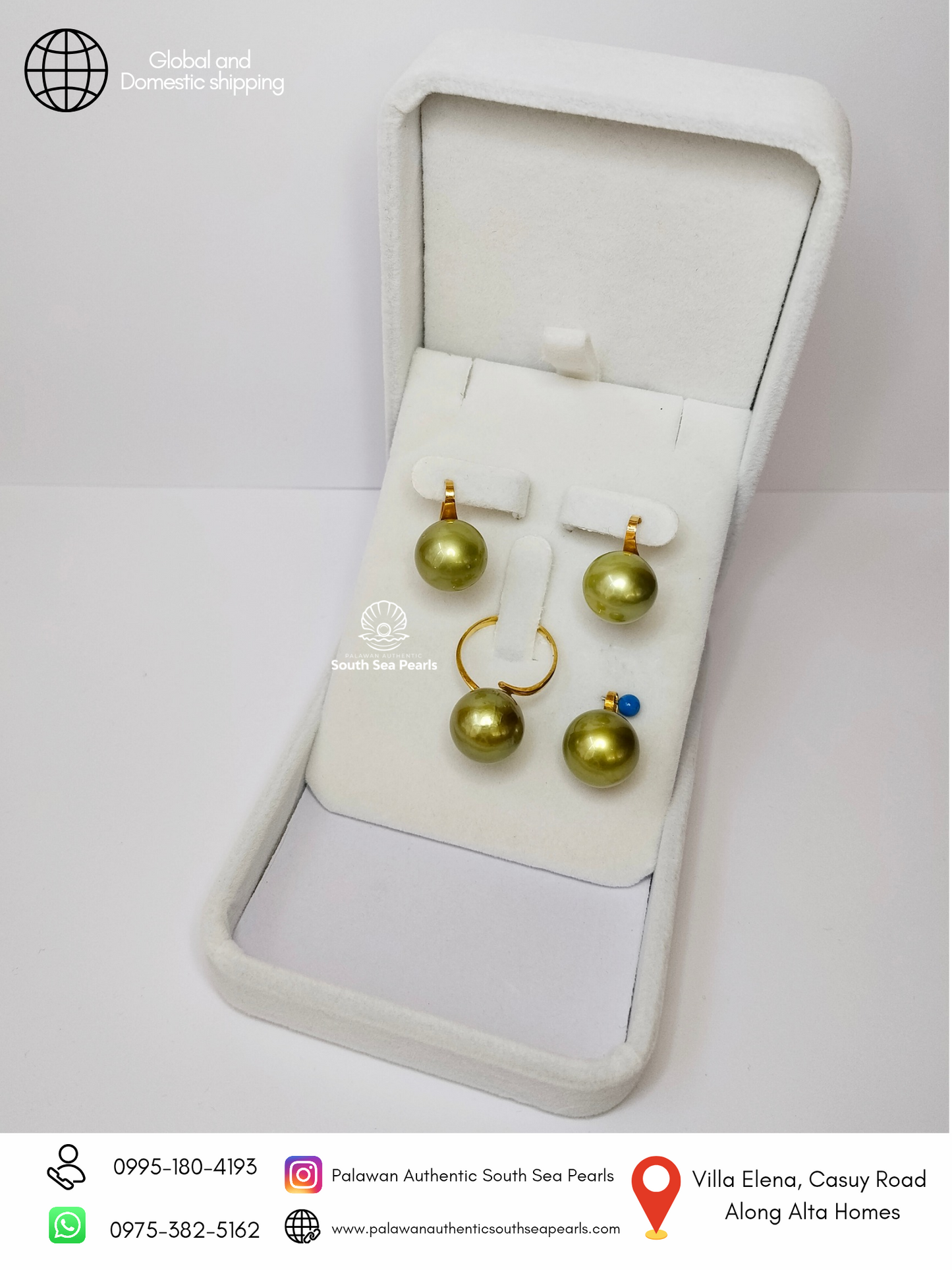 12.2mm to 12.9mm Palawan Authentic Avocado Green Color South Sea Pearl Sets in 14k Real Gold Settings