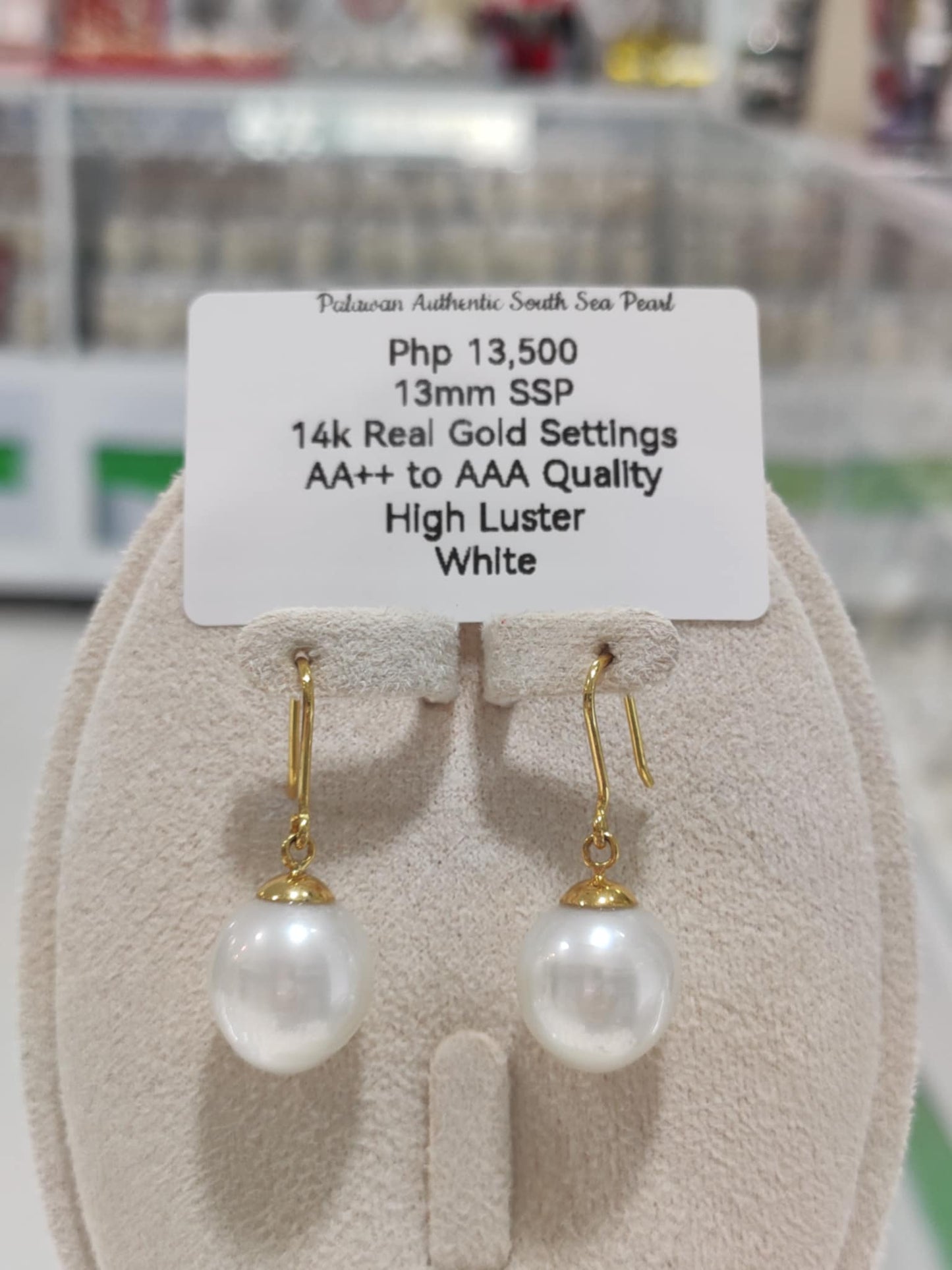 13mm Authentic White South Sea Pearls in 14k Real Gold Settings
