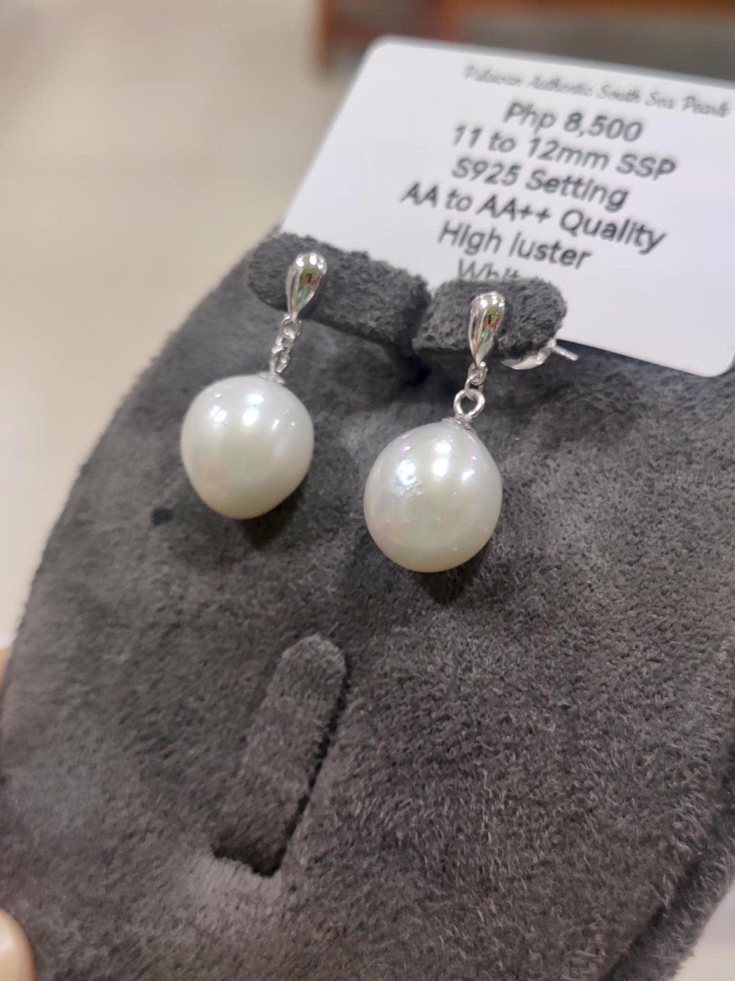 11mm to 12mm Authentic White South Sea Pearls Earrings in 5 Micron Plated Settings