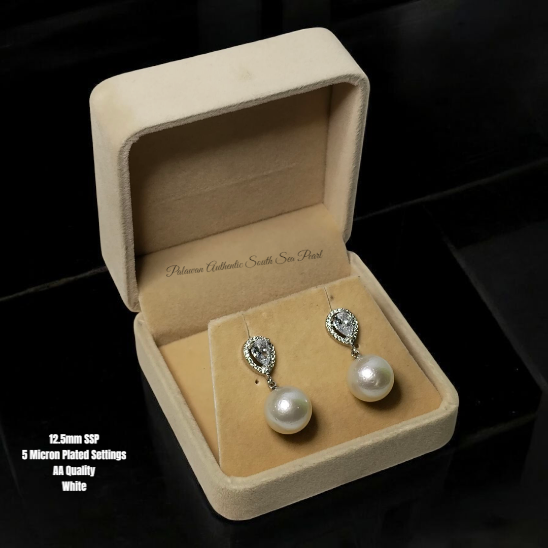 New Arrival! 12.5mm Authentic White South Sea Pearl Earrings in 5 Micron Plated Settings