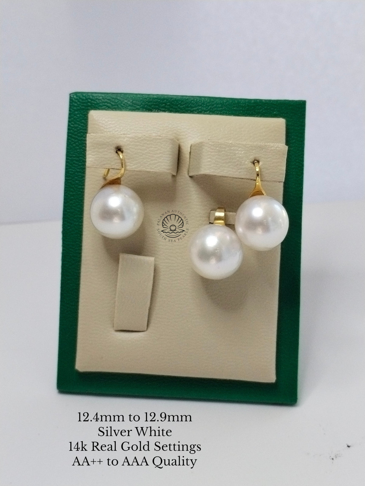 12.4 to 12.5mm Palawan Authentic Silver White Color South Sea Pearl Sets in 14k Real Gold Settings
