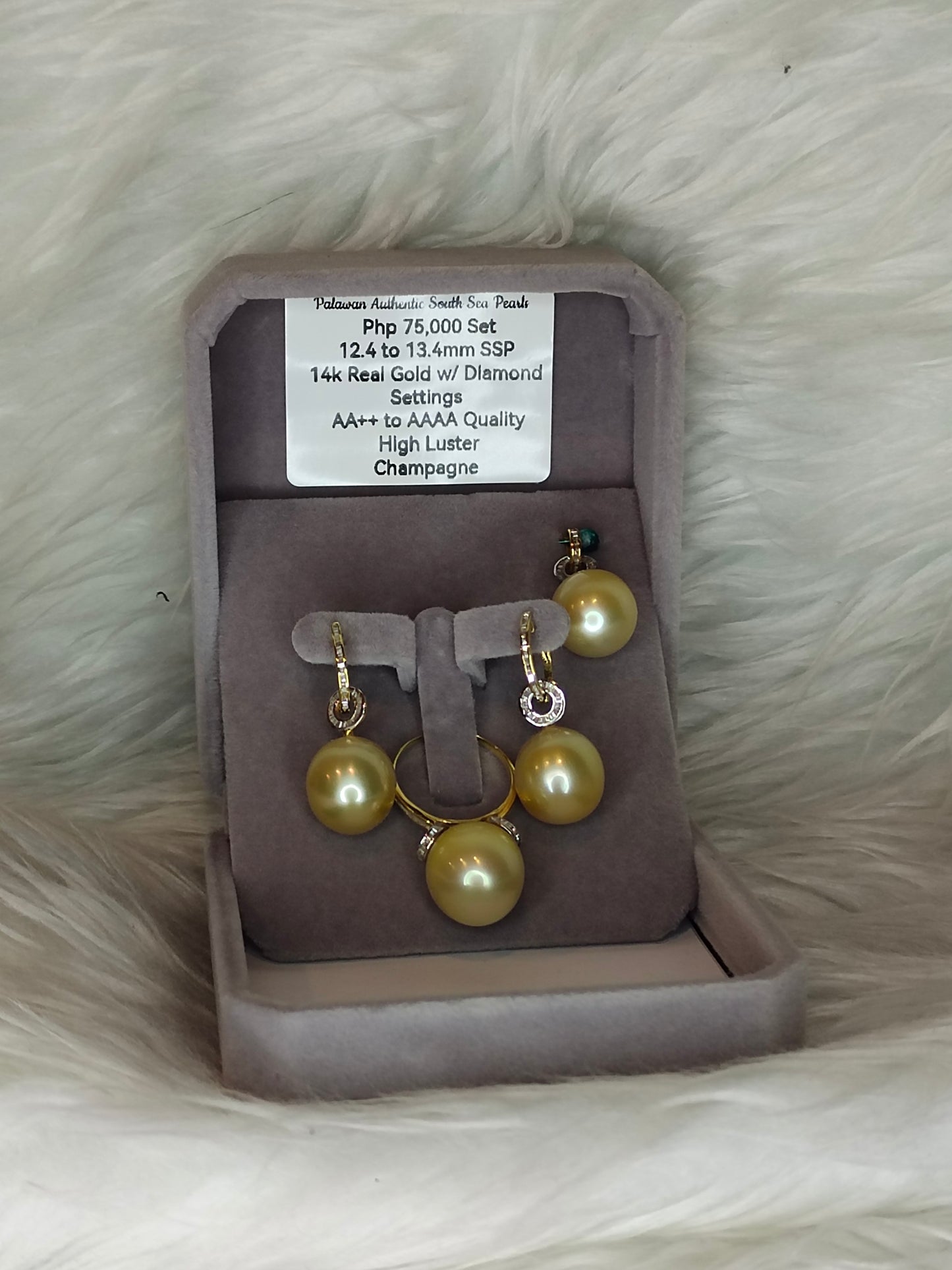 12.4mm to 13.4mm Authentic Champagne Color South Sea Pearl in 14k Real Gold with Diamonds