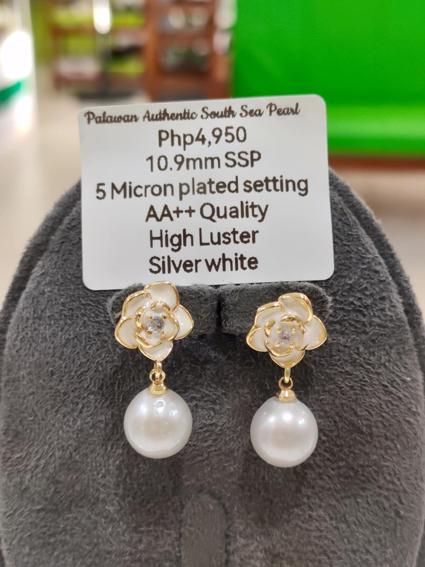 10.9mm Authentic Silver White Color South Sea Pearls in 5 Micron Plated Settings