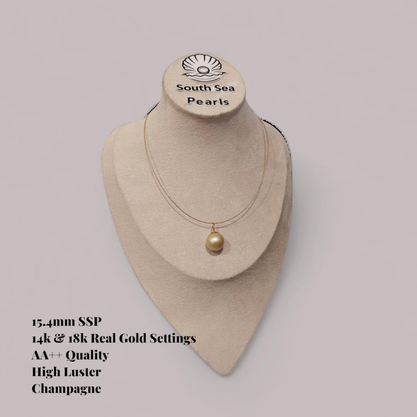 New Arrival! 15.4mm Authentic Champagne Color South Sea Pearl Necklace in 14k Real Gold Settings