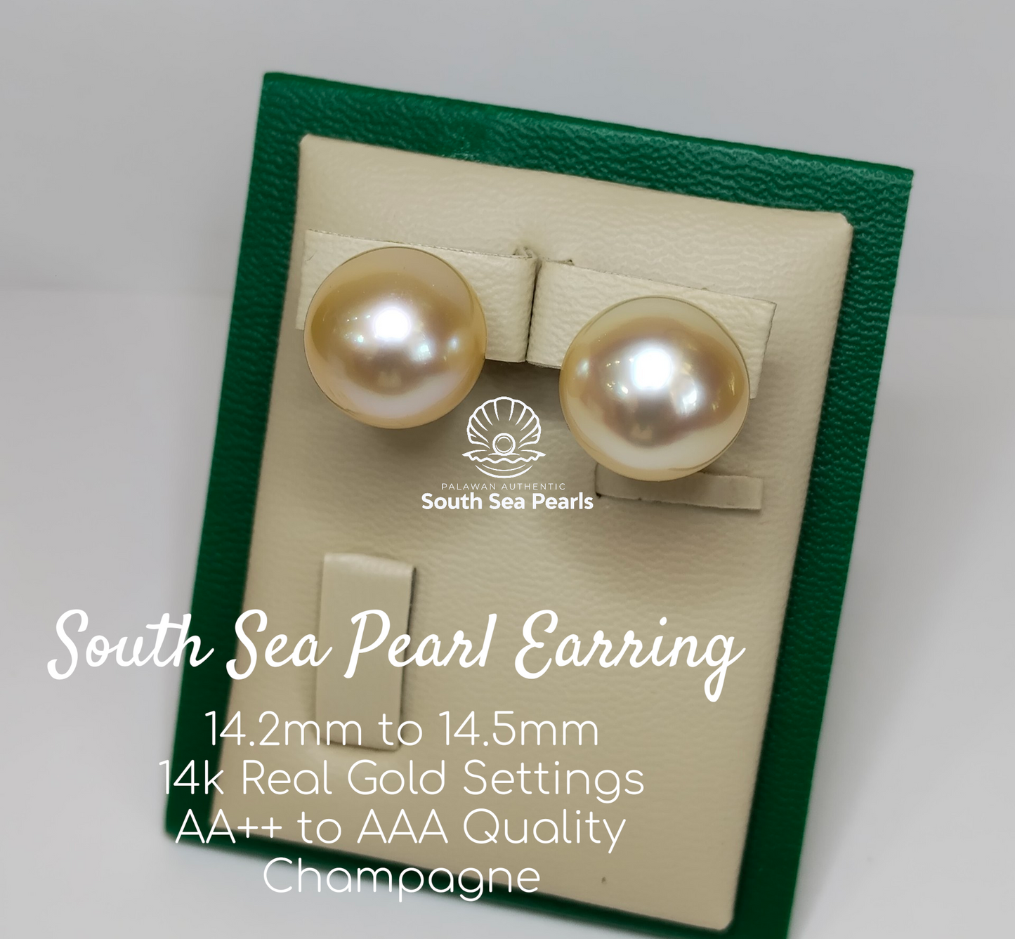 14.2mm to 14.5mm Palawan Authentic Champagne Color South Sea Pearl Earring in 14k Real Gold Settings