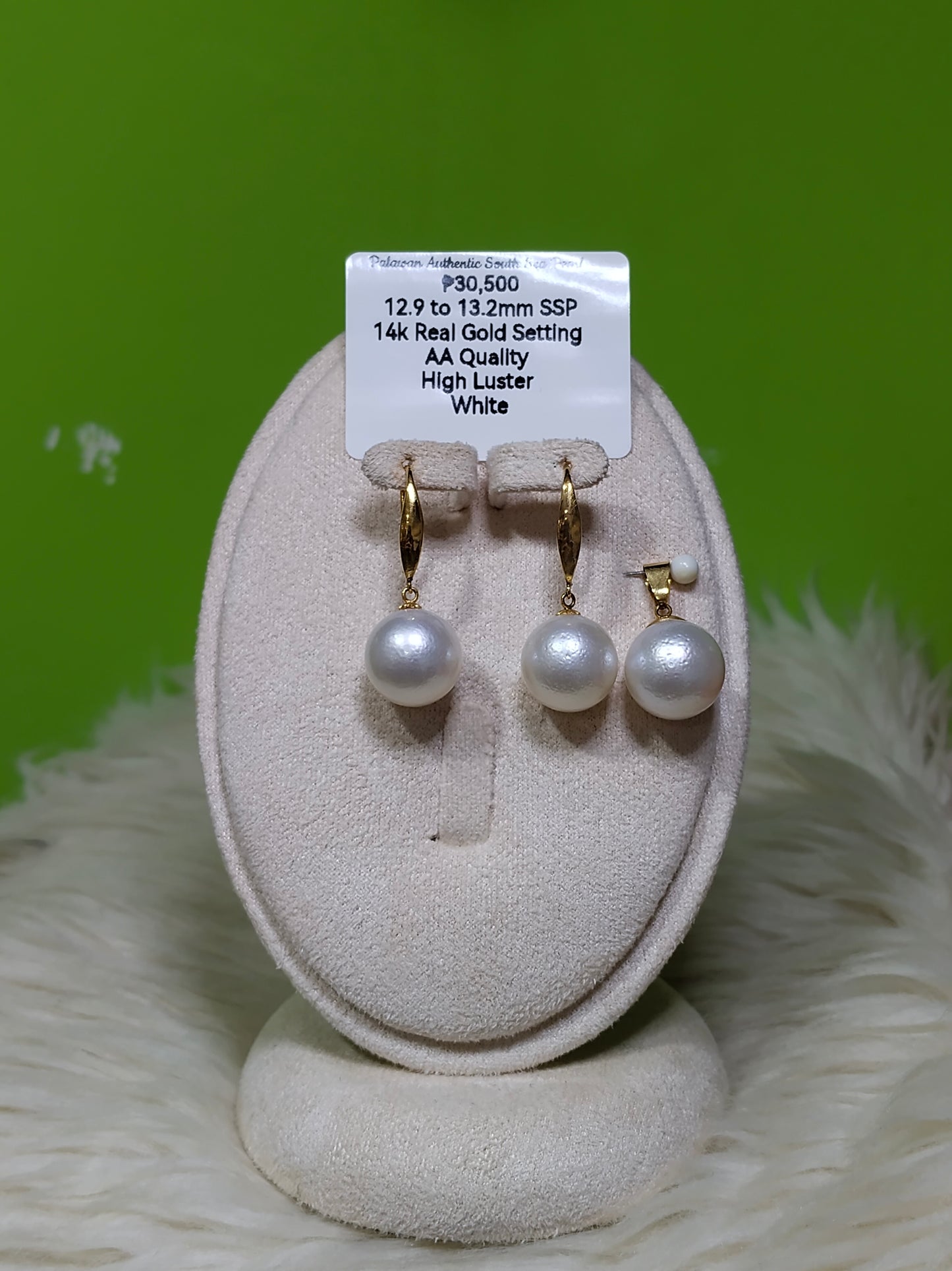 12.9mm to 13.2mm Authentic White South Sea Pearl Sets in 14k Real Gold Settings