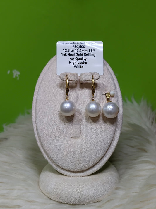 12.9mm to 13.2mm Authentic White South Sea Pearl Sets in 14k Real Gold Settings