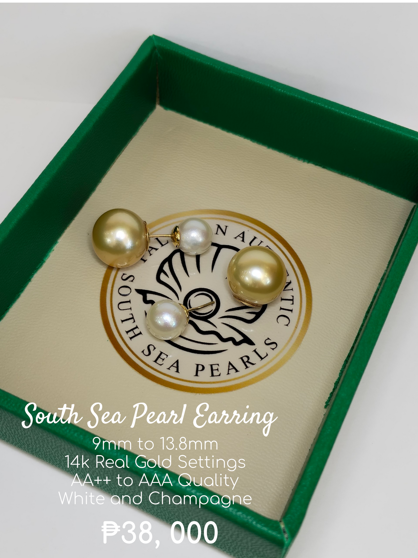 9mm to 13.8mm Palawan Authentic White and Champagne Color South Sea Pearl Earring in 14k Real Gold Settings