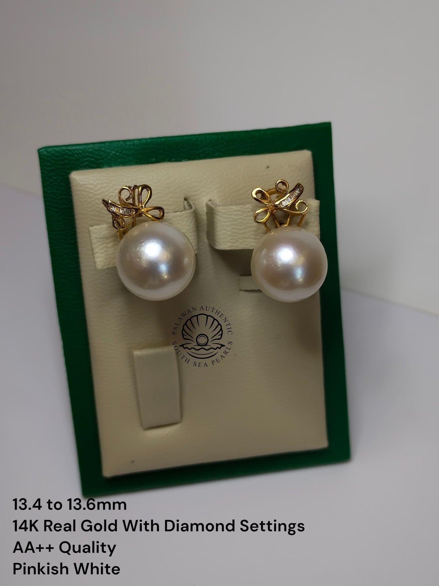 13.4 to 13.6mm Palawan Authentic Pinkish White Color South Sea Pearl in 14k Real Gold and Diamonds