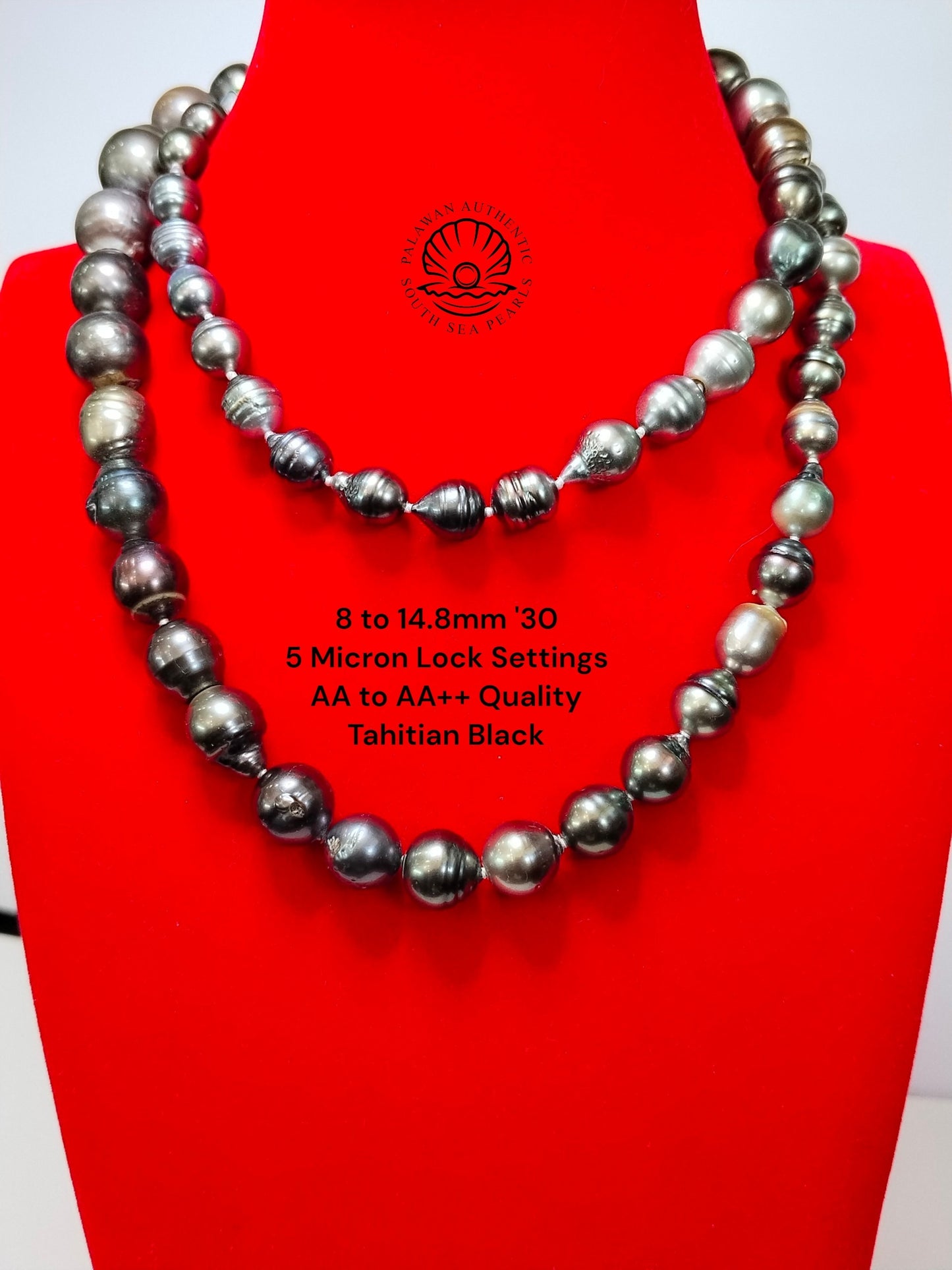 8 to 14.8mm Palawan Authentic Tahitian Black Color South Sea Pearl Choker in 5 Micron Lock Settings