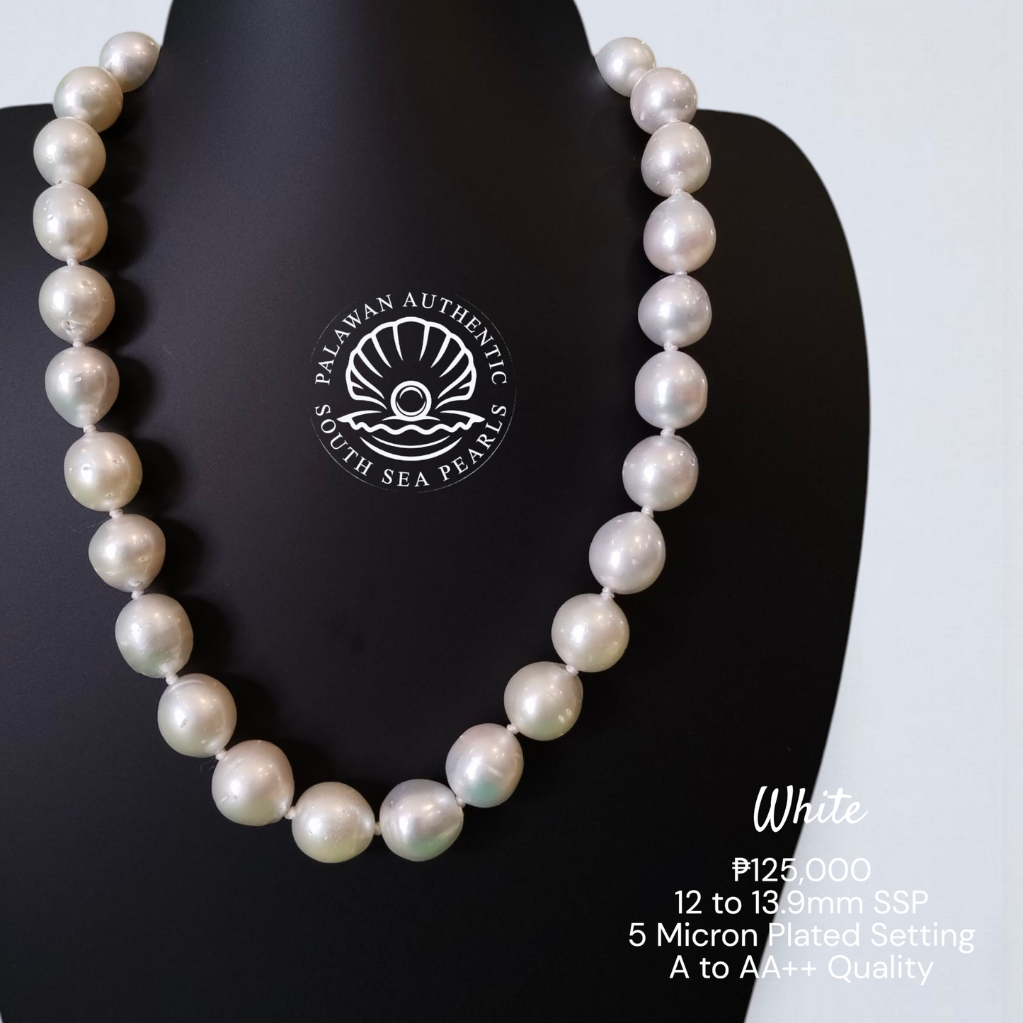 Palawan 12 to 13.9mm Authentic White South Sea Pearl Choker in 5 Micron Lock Setting.