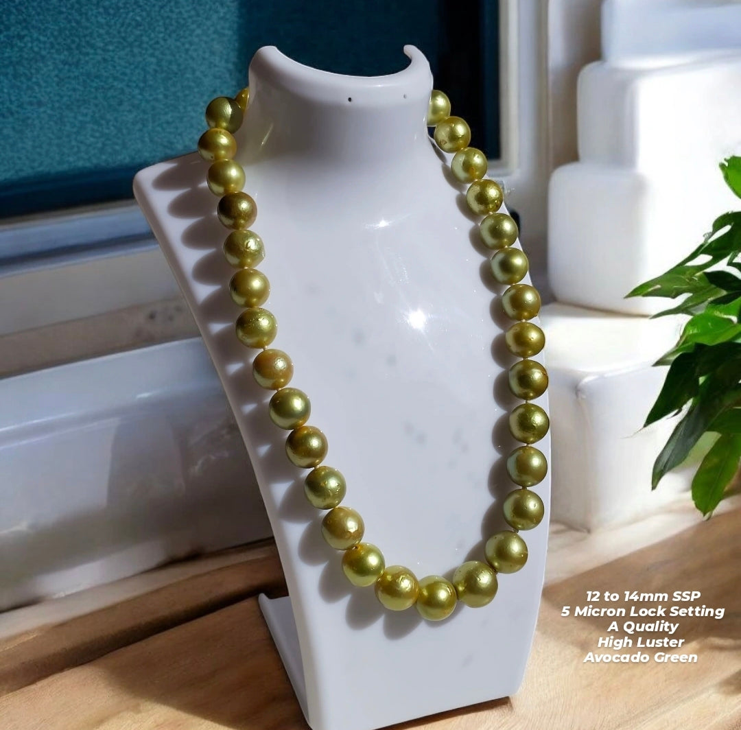 New Arrival! 12 to 14mm Authentic Avocado Green Color South Sea Pearl Chocker in 5 Micron Setting