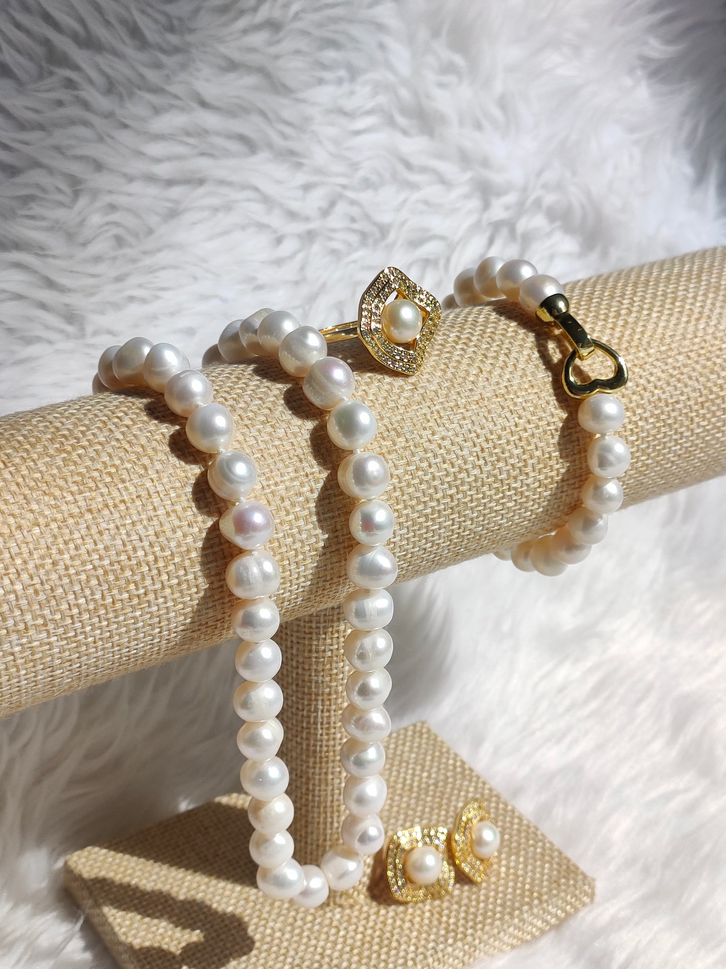 8mm to 9mm Fresh Water Pearl White Sets in 5 Micron Plated Settings