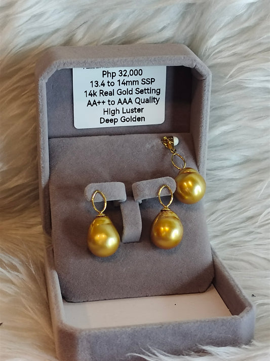 13.4mm to 14mm Authentic Deep Golden  Color South Sea Pearl Sets in 14k Real Gold Settings