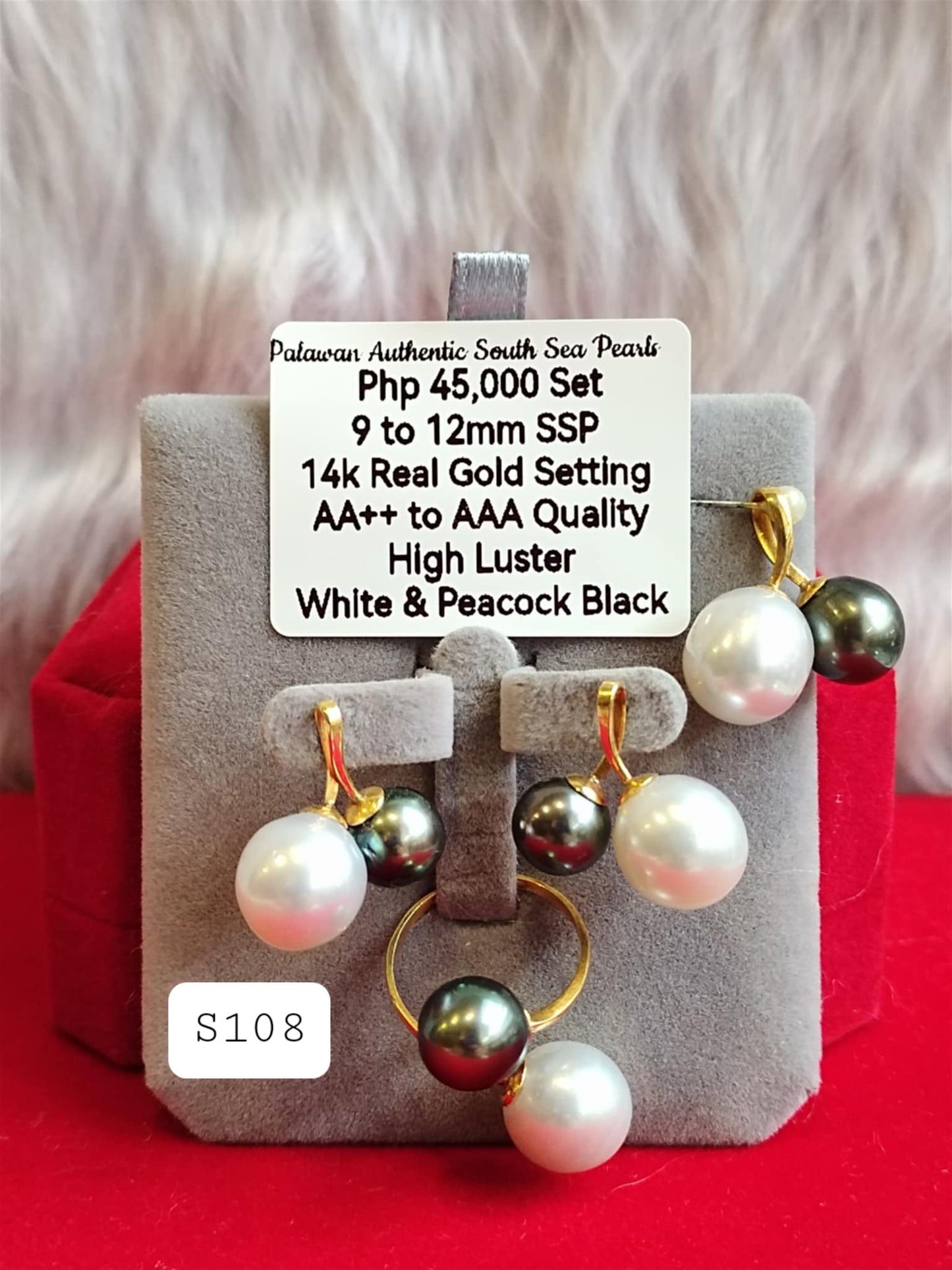 9mm to 12mm Authentic White & Peacock Black South Sea Pearls Set in 14K Gold Settings
