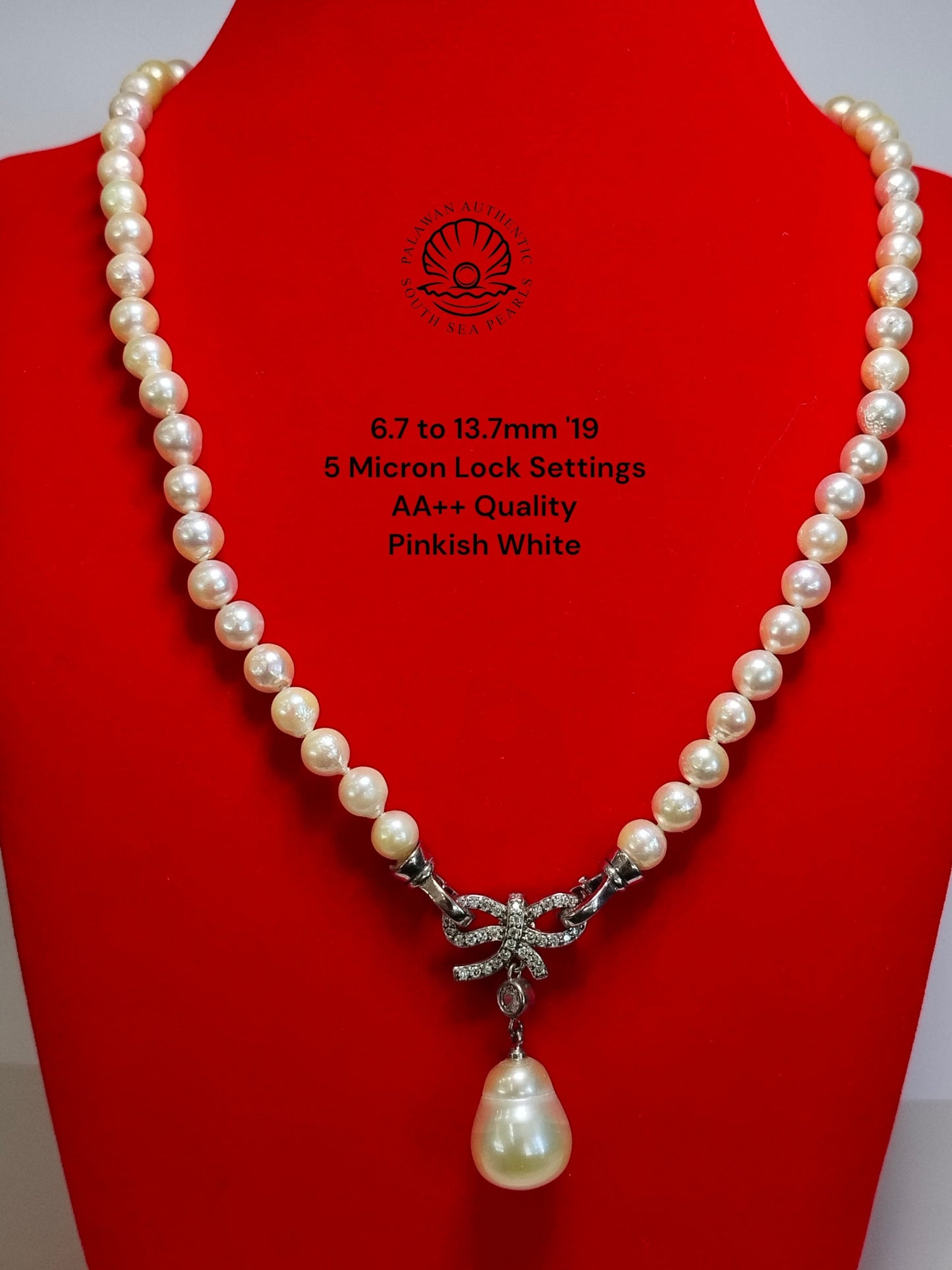 6.7 to 13.7mm Palawan Authentic Pinkish White Color South Sea Pearl Choker in 5 Micron Lock Settings