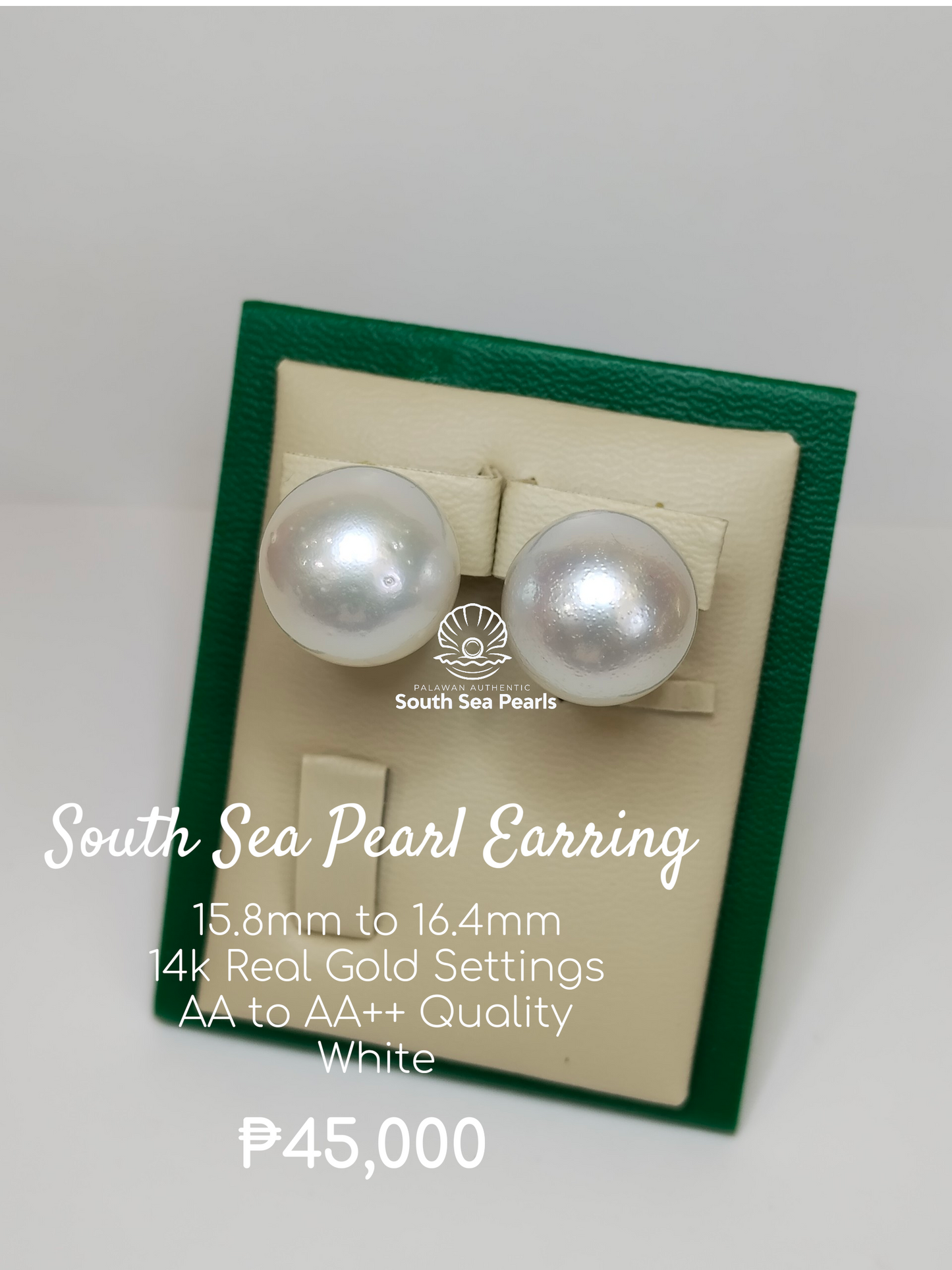 15.8mm to 16.4mm Palawan Authentic White Color South Sea Pearl Earring in 14k Real Gold Settings