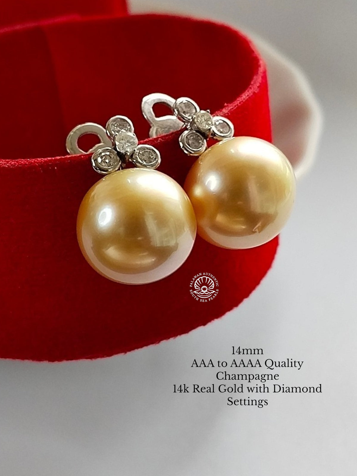 14mm Palawan Authentic Champagne Color South Sea Pearl in 14k Real Gold and Diamonds