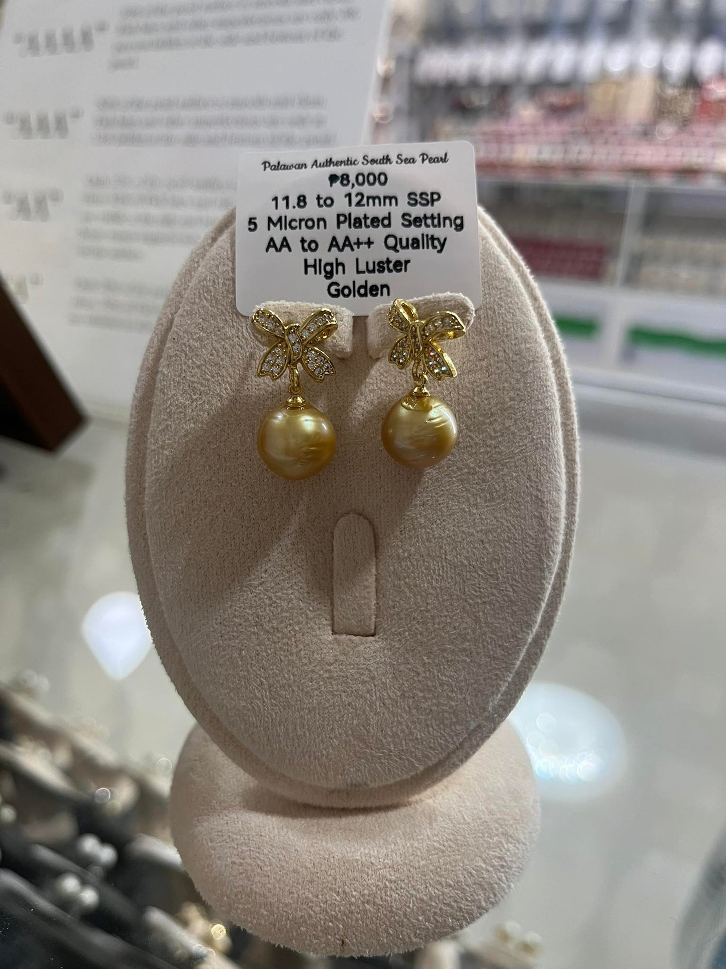 11.8 to 12mm Authentic Golden Color South Sea Pearl Set in 5 Micron Settings