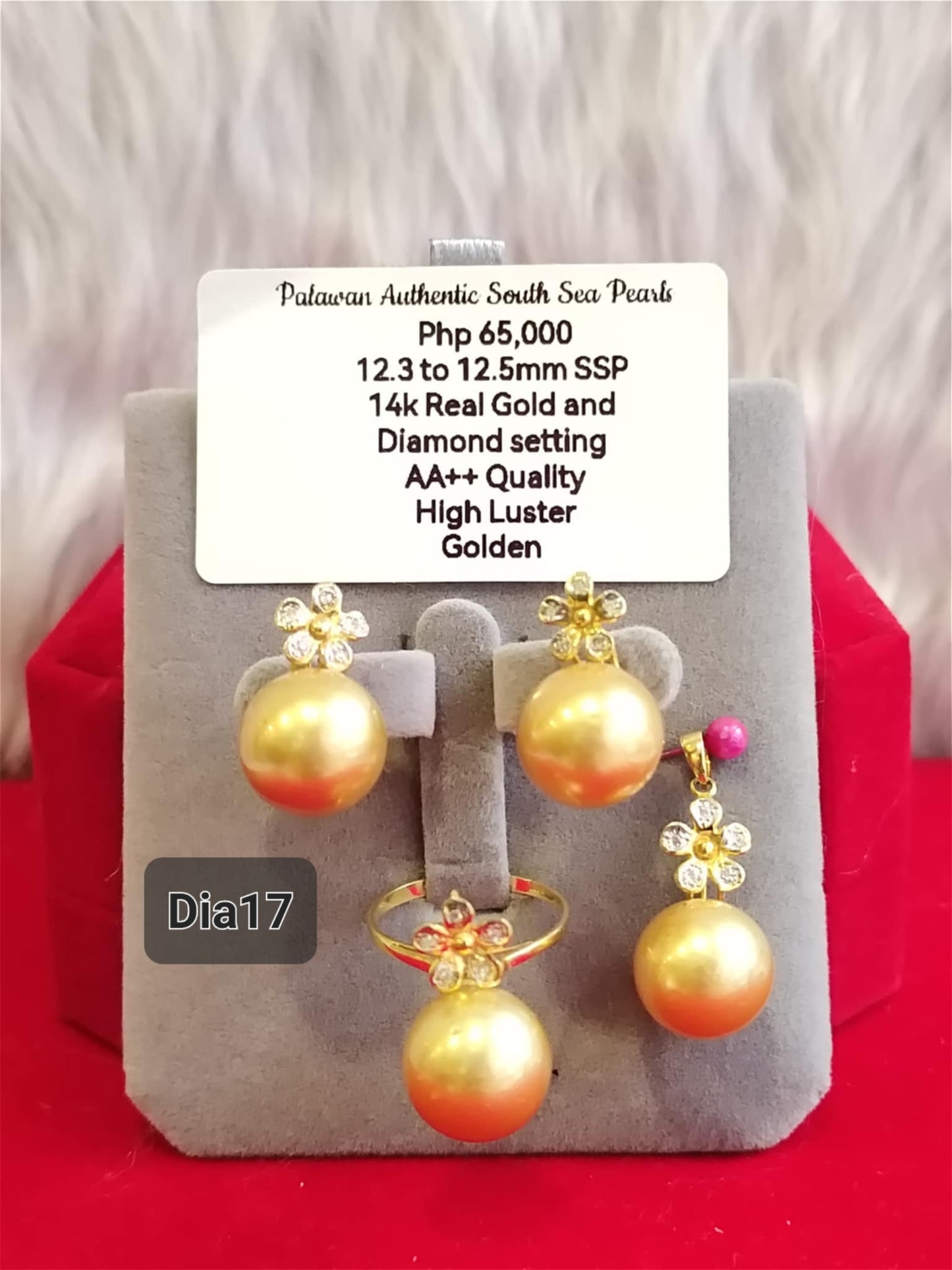 12.3mm to 12.5mm Authentic Golden Color South Sea Pearls Set in 14K Gold Settings with Diamonds