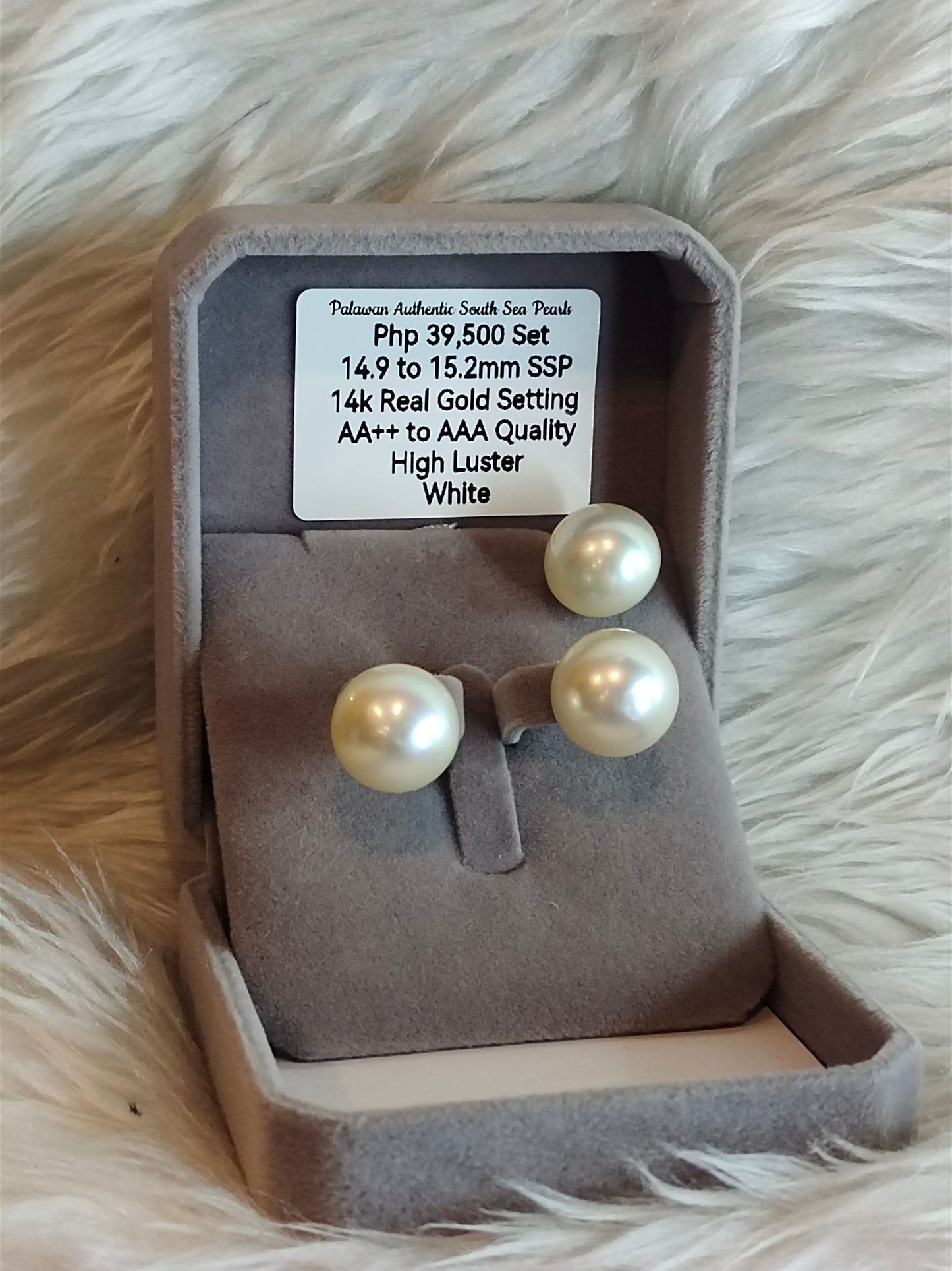 14.9mm to 15.2mm Authentic White Color South Sea Pearl Sets in 14k Real Gold Settings