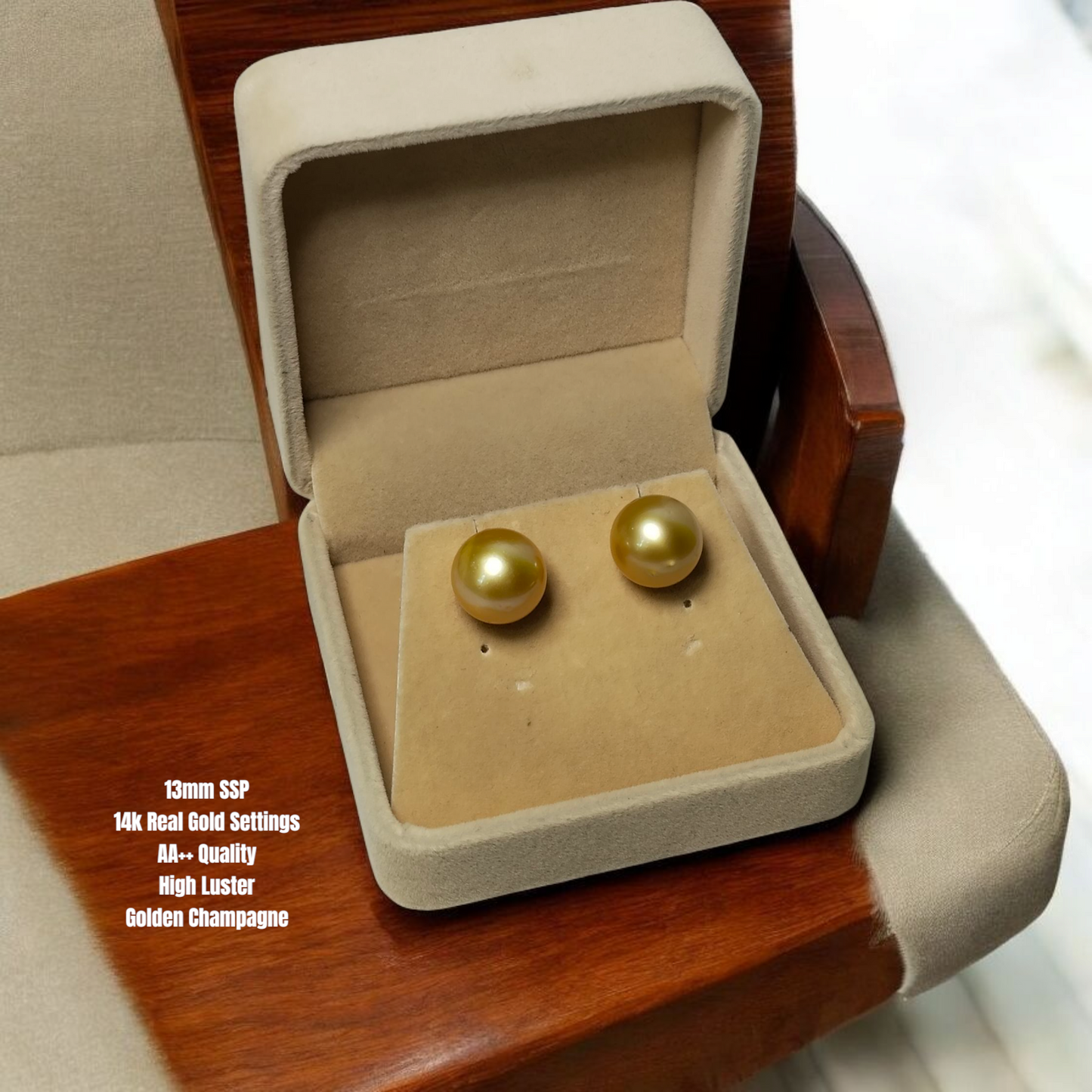 New Arrival! 13mm Authentic Golden Champagne Color South Sea Pearls Earrings in 14K Gold Settings
