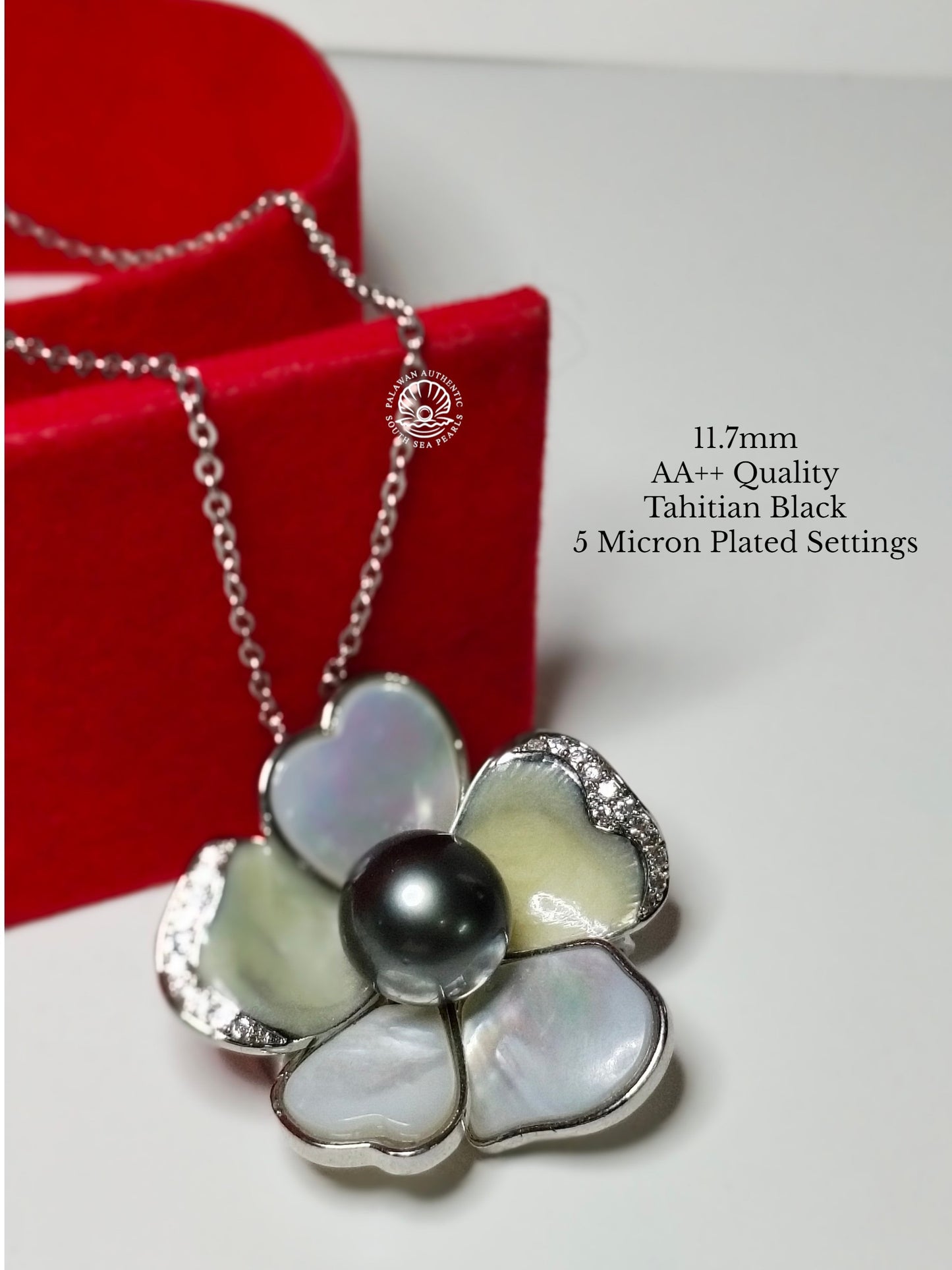 11.7mm Palawan Authentic Tahitian Black Color South Sea Pearl Brooch in 5 Micron Plated Settings