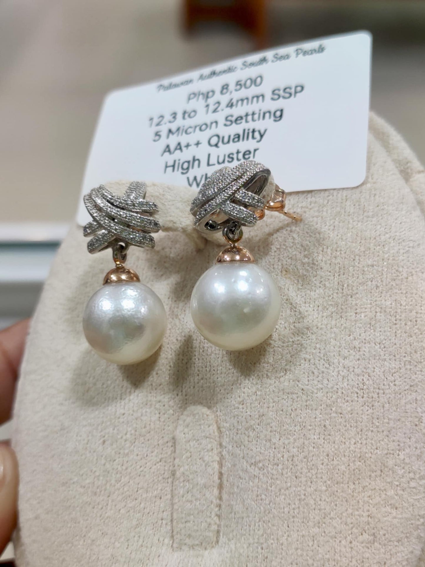 12.3mm to 12.4mm Authentic White South Sea Pearls in 5 Micron Plated Settings
